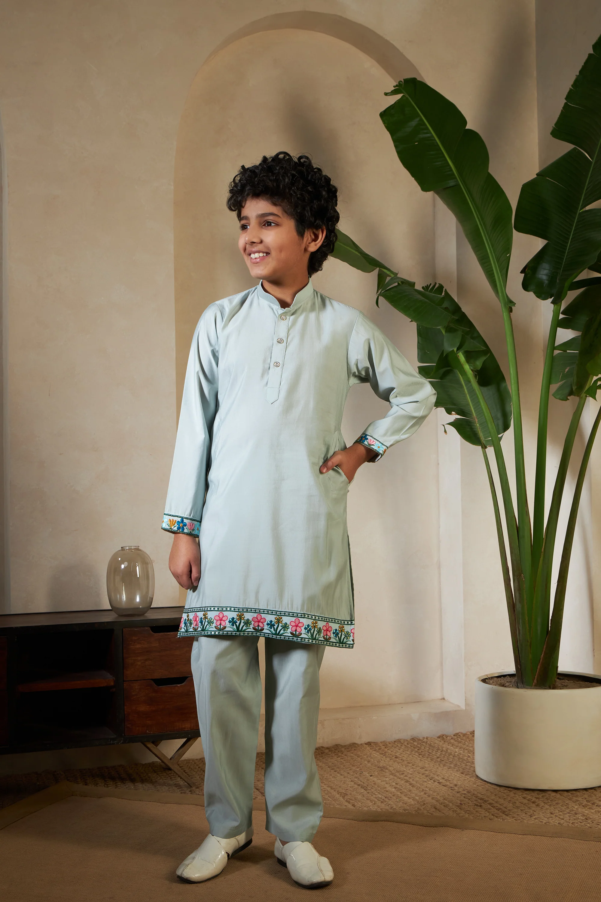 Kids Pista Viscose Silk Kurta Set with Embroidered Koti - Image 7