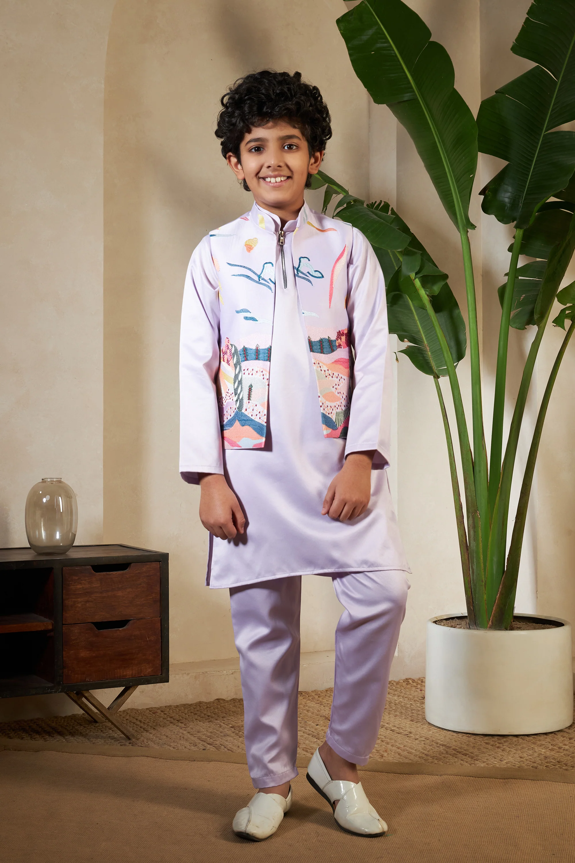 Lavender Embroidered Carnival Kurta-Jacket Set for Boys