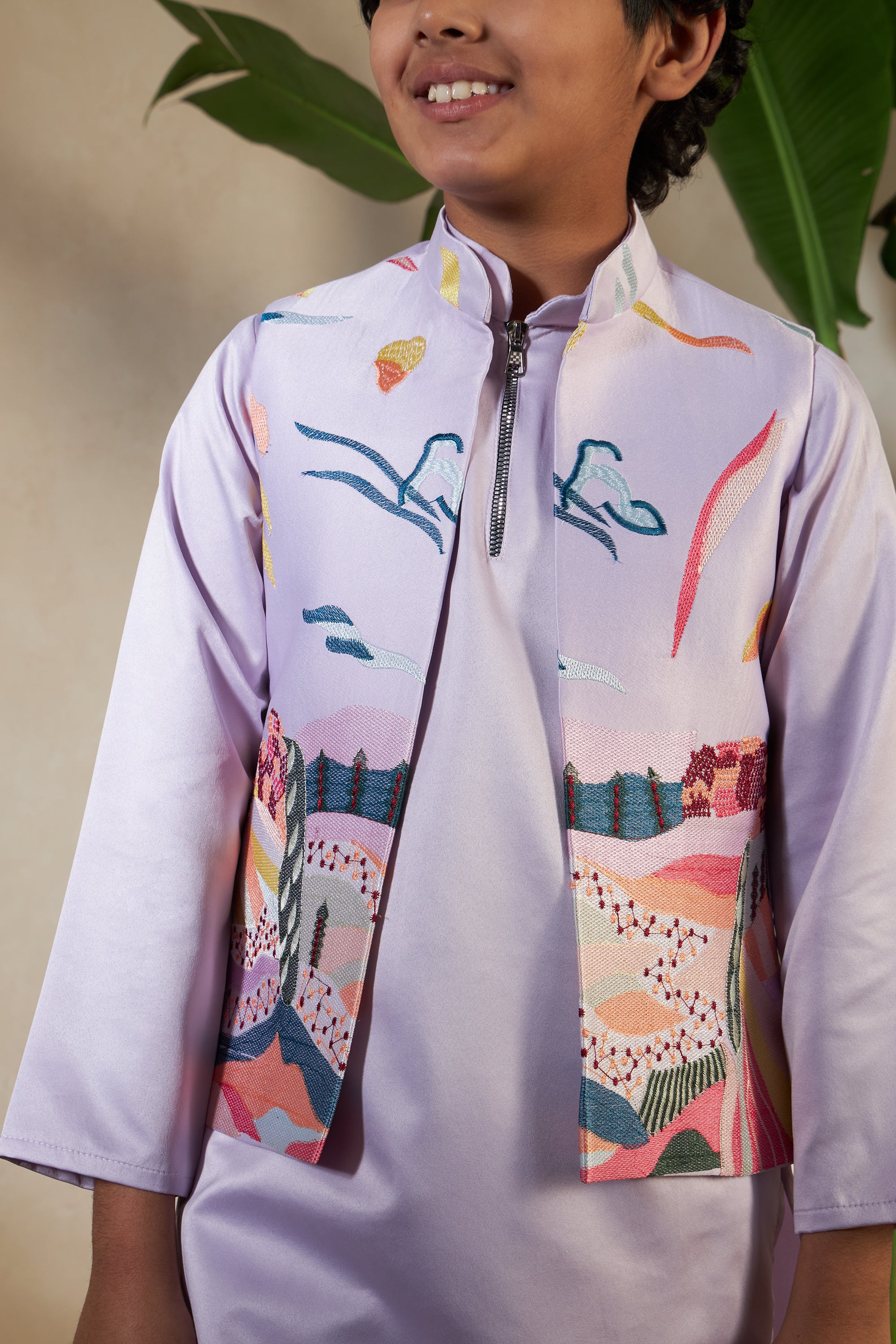 Lavender Embroidered Carnival Kurta-Jacket Set for Boys - Image 3