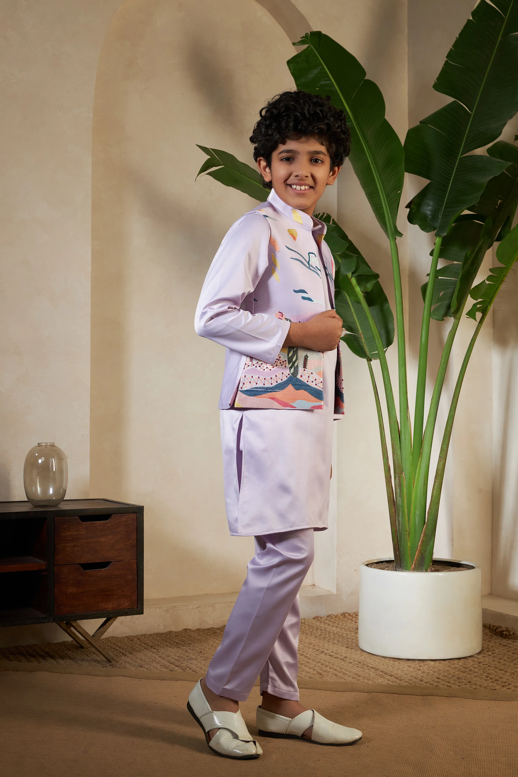 Lavender Embroidered Carnival Kurta-Jacket Set for Boys - Image 5