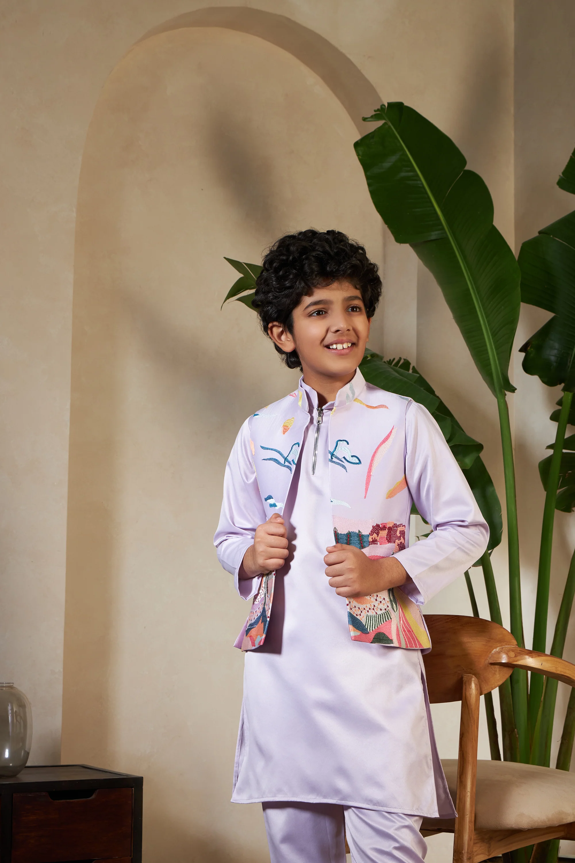 Lavender Embroidered Carnival Kurta-Jacket Set for Boys - Image 6