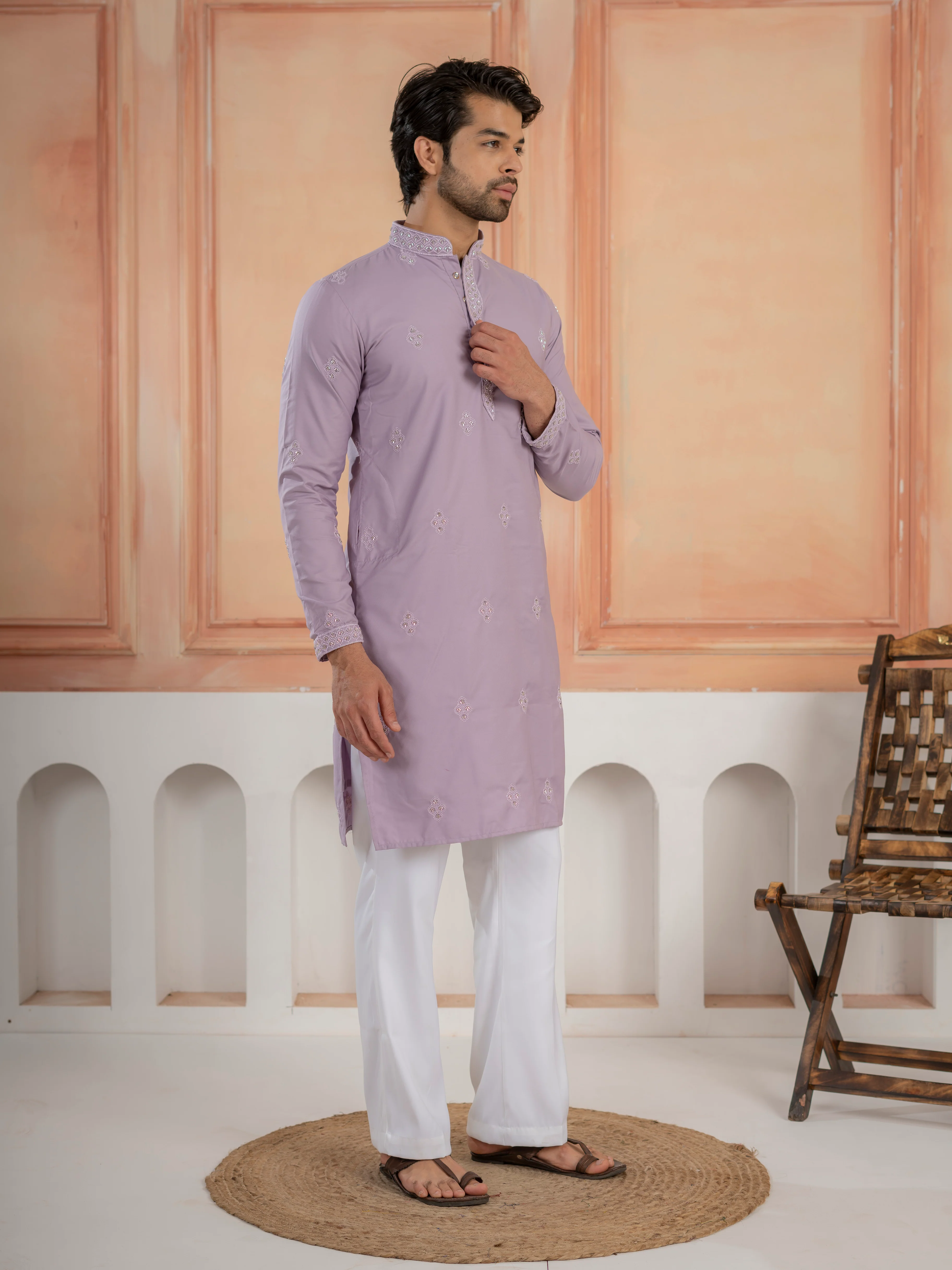 Lavender Soft Cotton Kurta Set with Traditional Butta Work - Image 7
