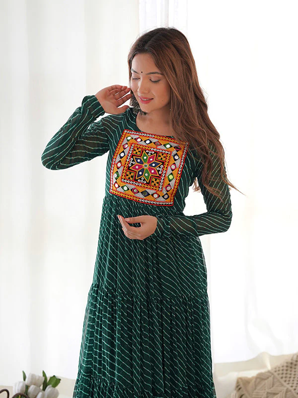 Layered Bottle Green Embroidered & Printed Anarkali Gown - Image 10