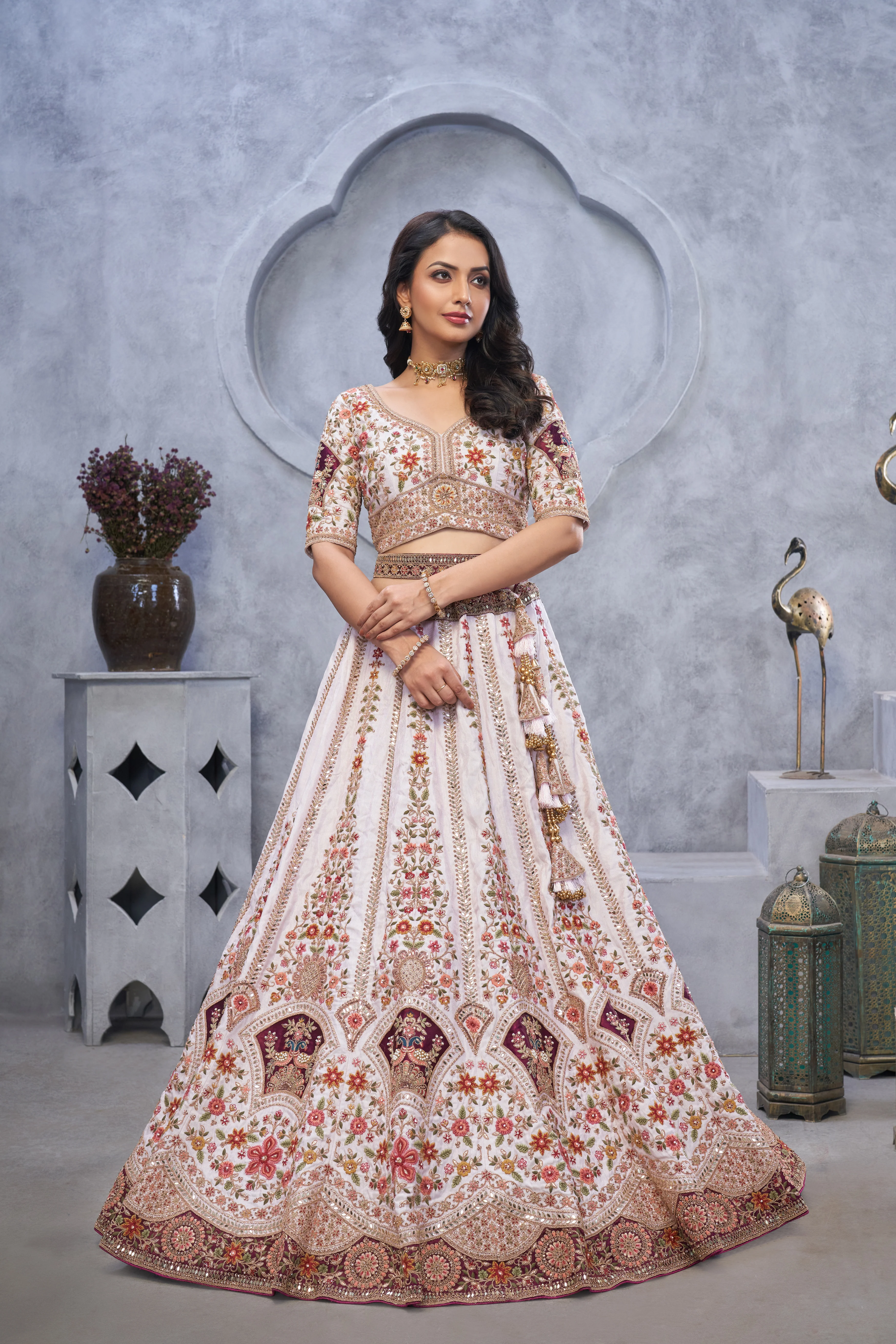 Light Purple Organza Silk Bridal Lehenga with Zari Paisley Embroider - Image 2