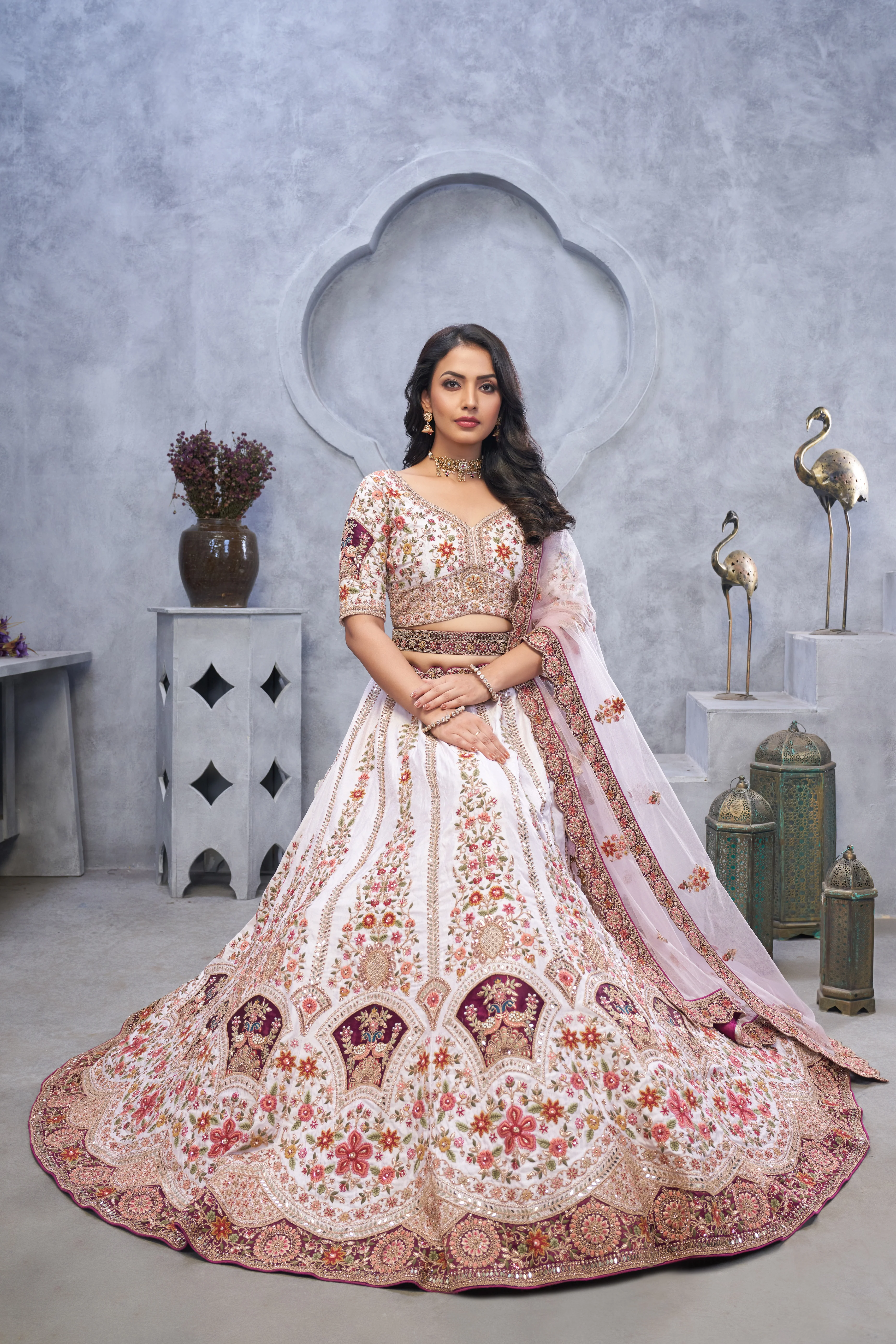 Light Purple Organza Silk Bridal Lehenga with Zari Paisley Embroider - Image 3