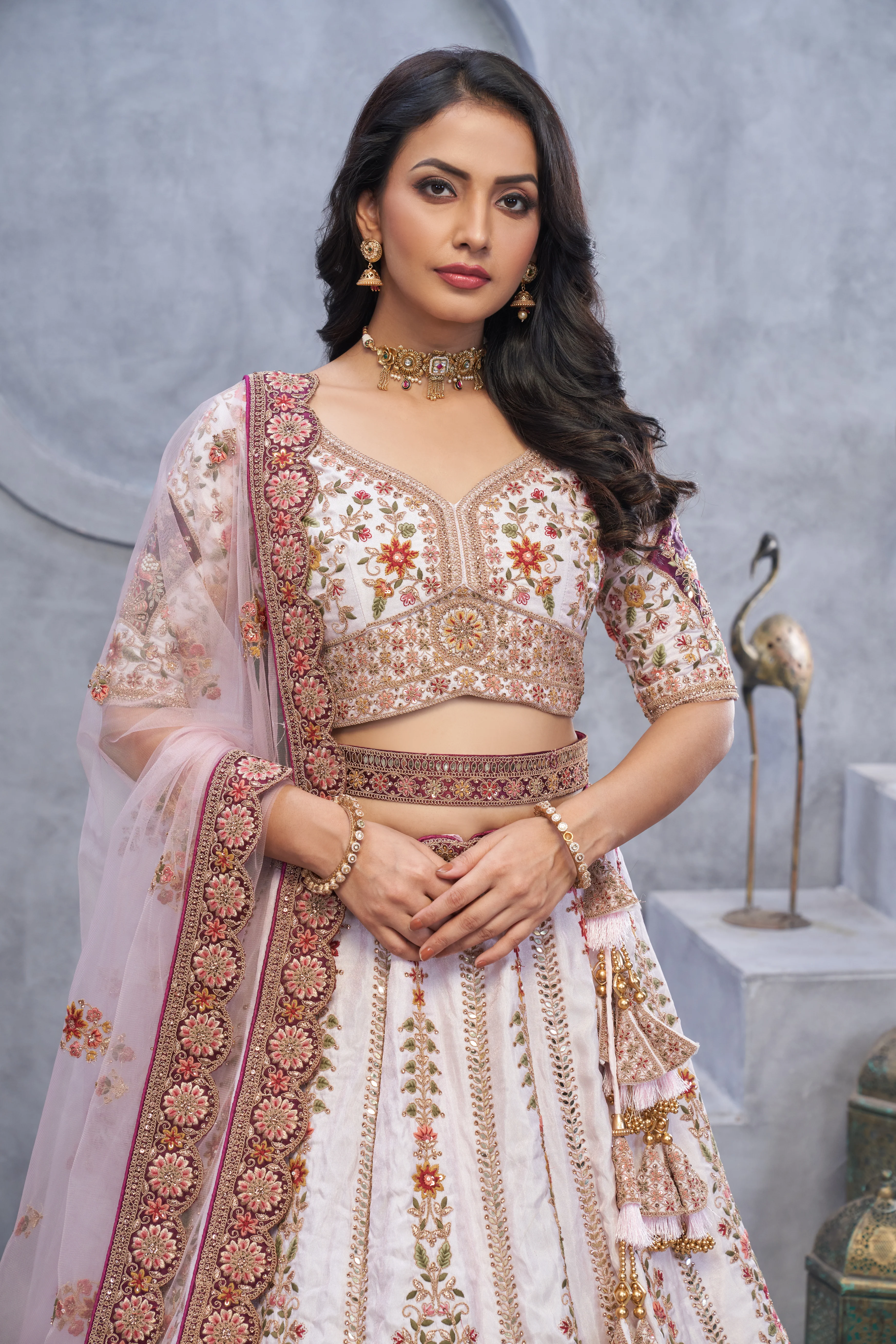 Light Purple Organza Silk Bridal Lehenga with Zari Paisley Embroider - Image 4