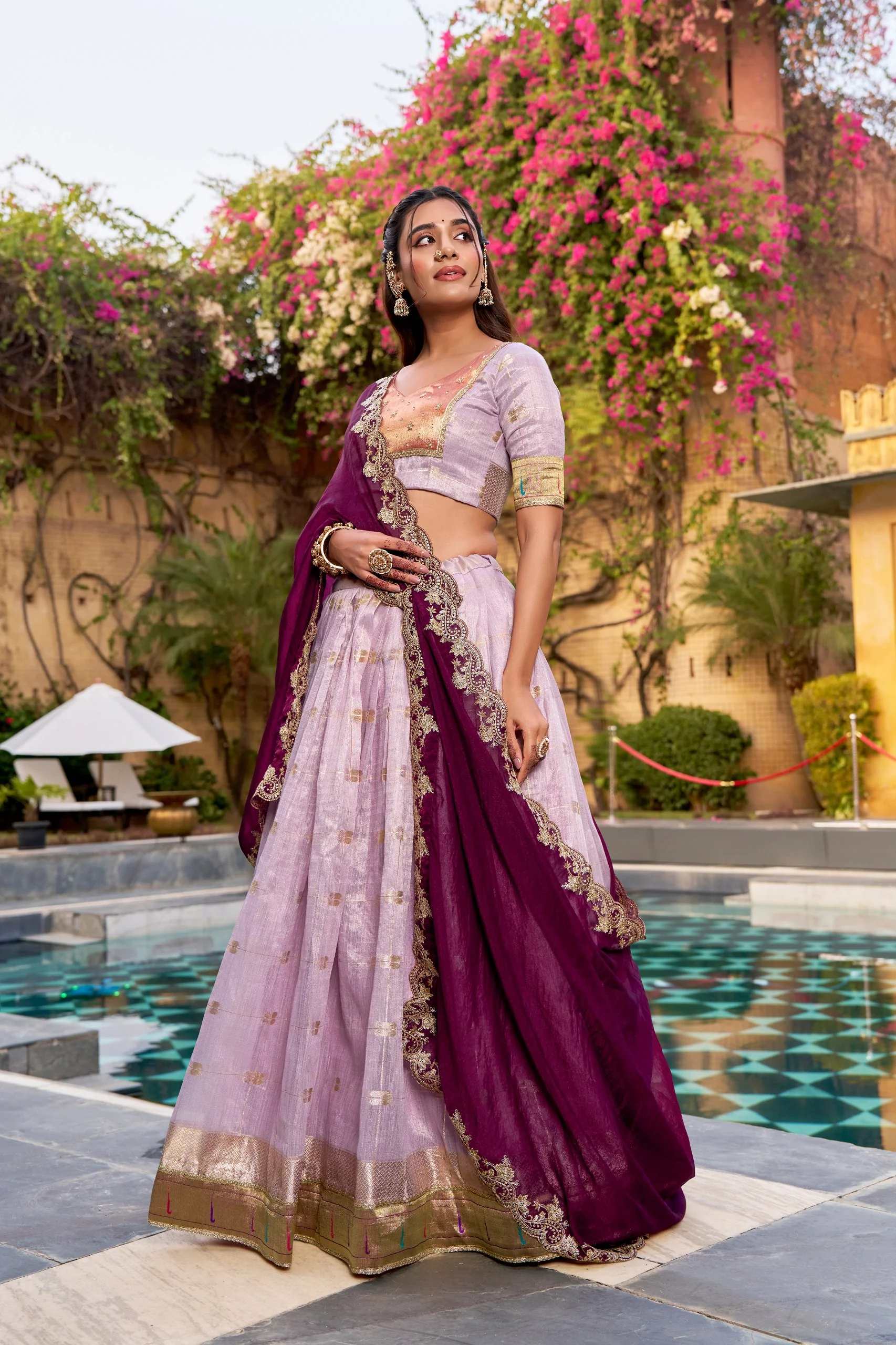Light Purple Slub Kota Jacquard Border Lehenga Choli for Festive Wear - Image 2