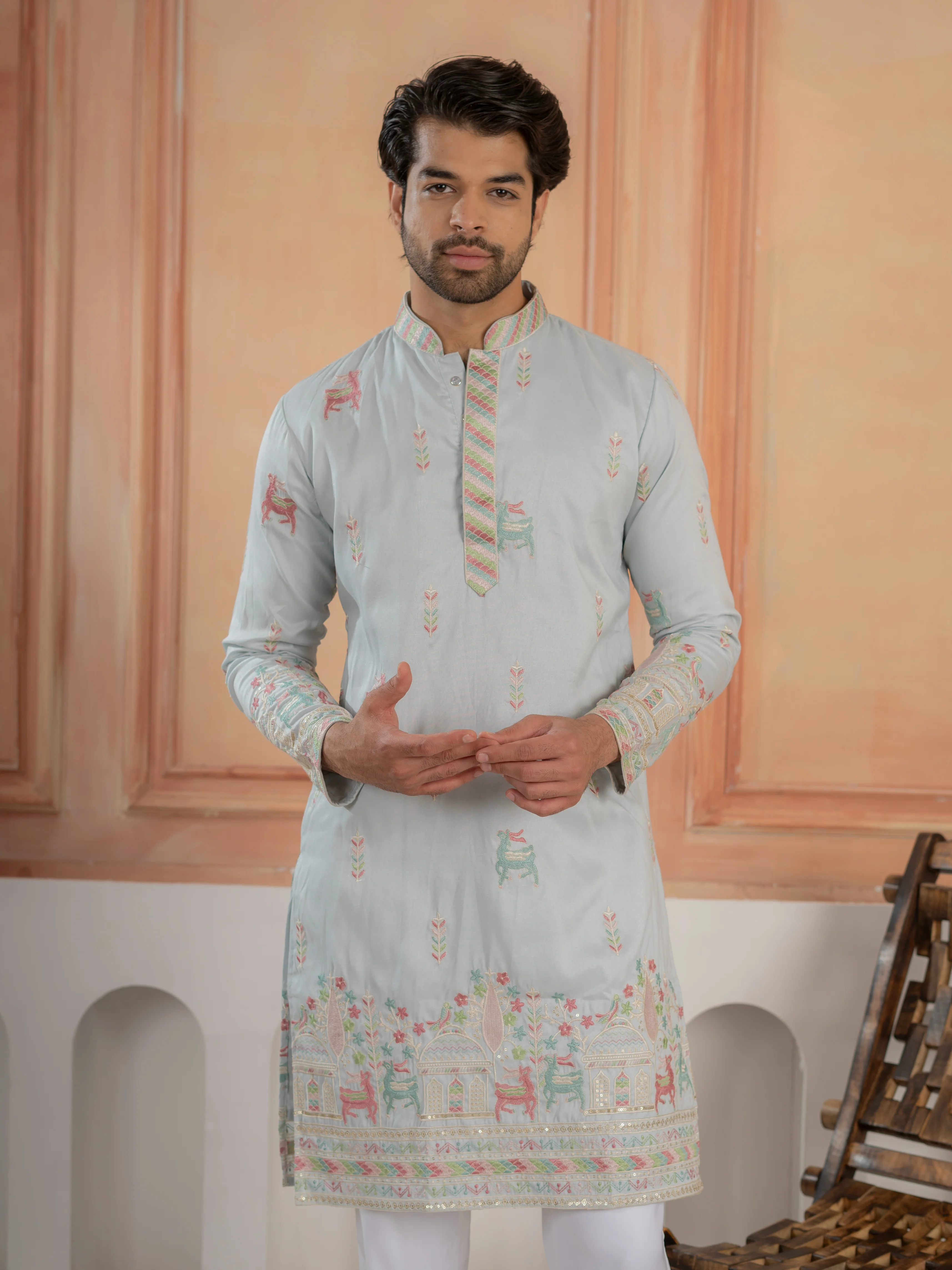 Light Sky Soft Silk Thread Embroidered Mens Kurta Set - Image 2