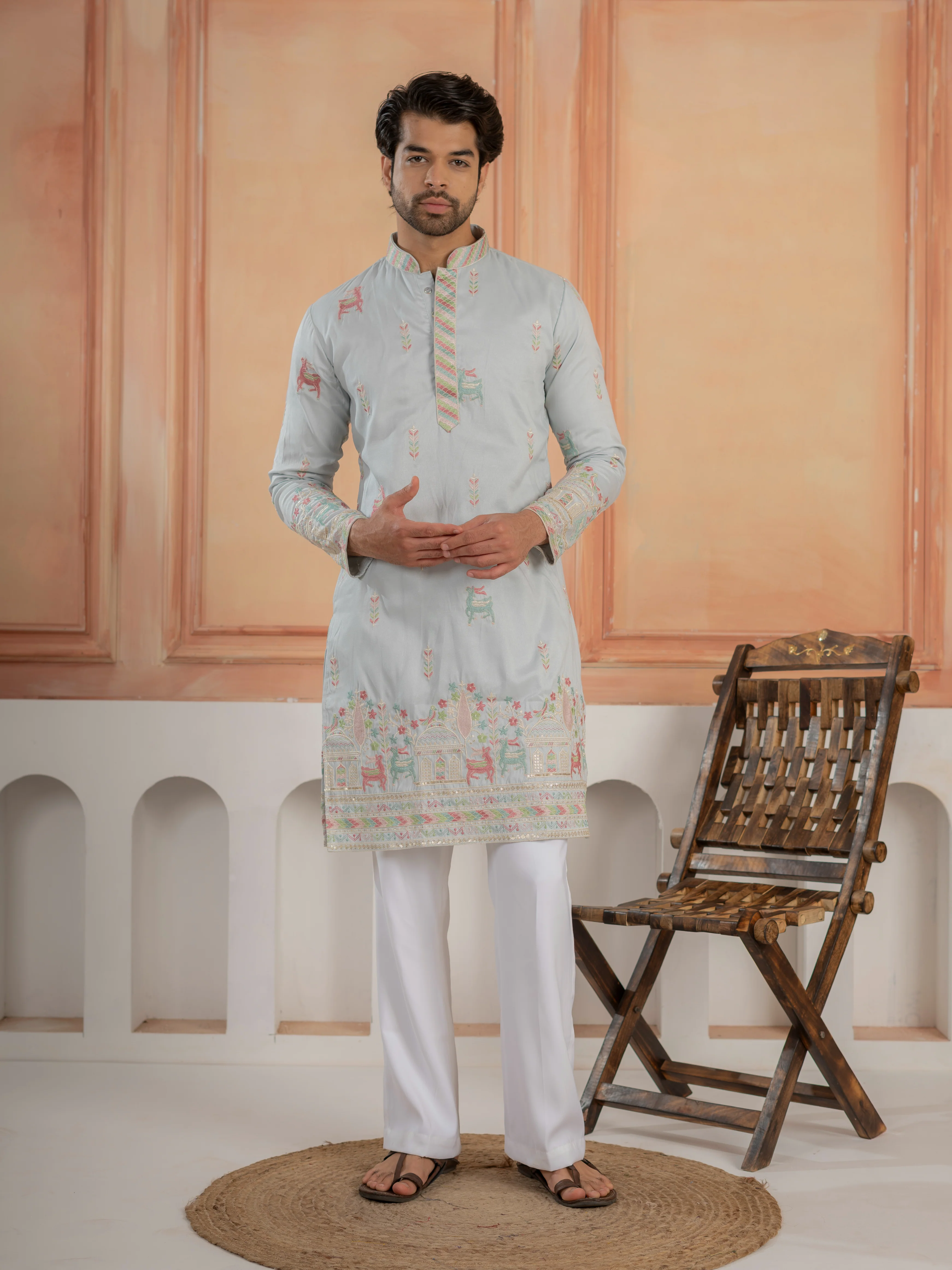 Light Sky Soft Silk Thread Embroidered Mens Kurta Set - Image 5