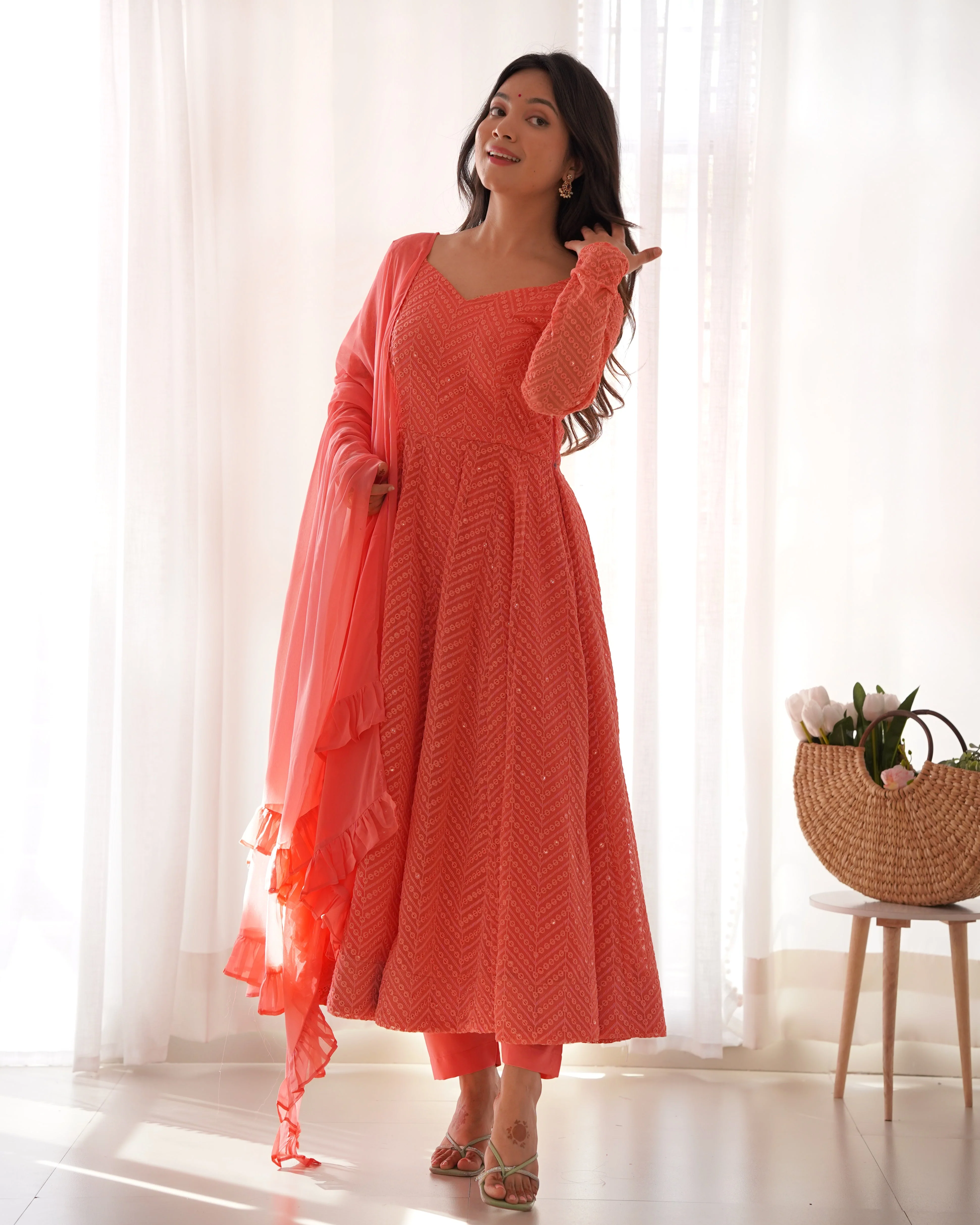 Lucknowi Elegance Peach Anarkali Suit - Image 7