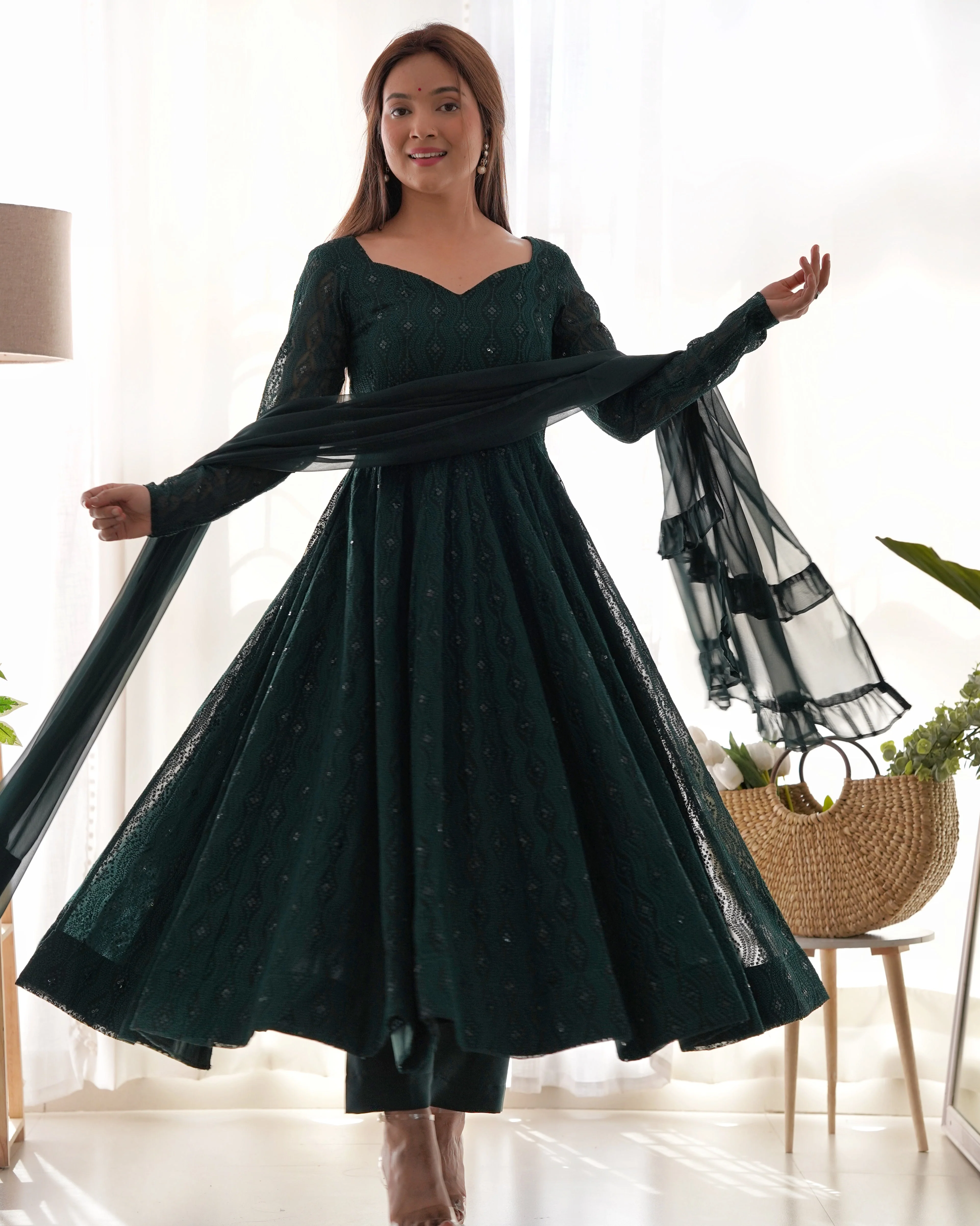 Lucknowi Elegance Green Anarkali Suit - Image 2