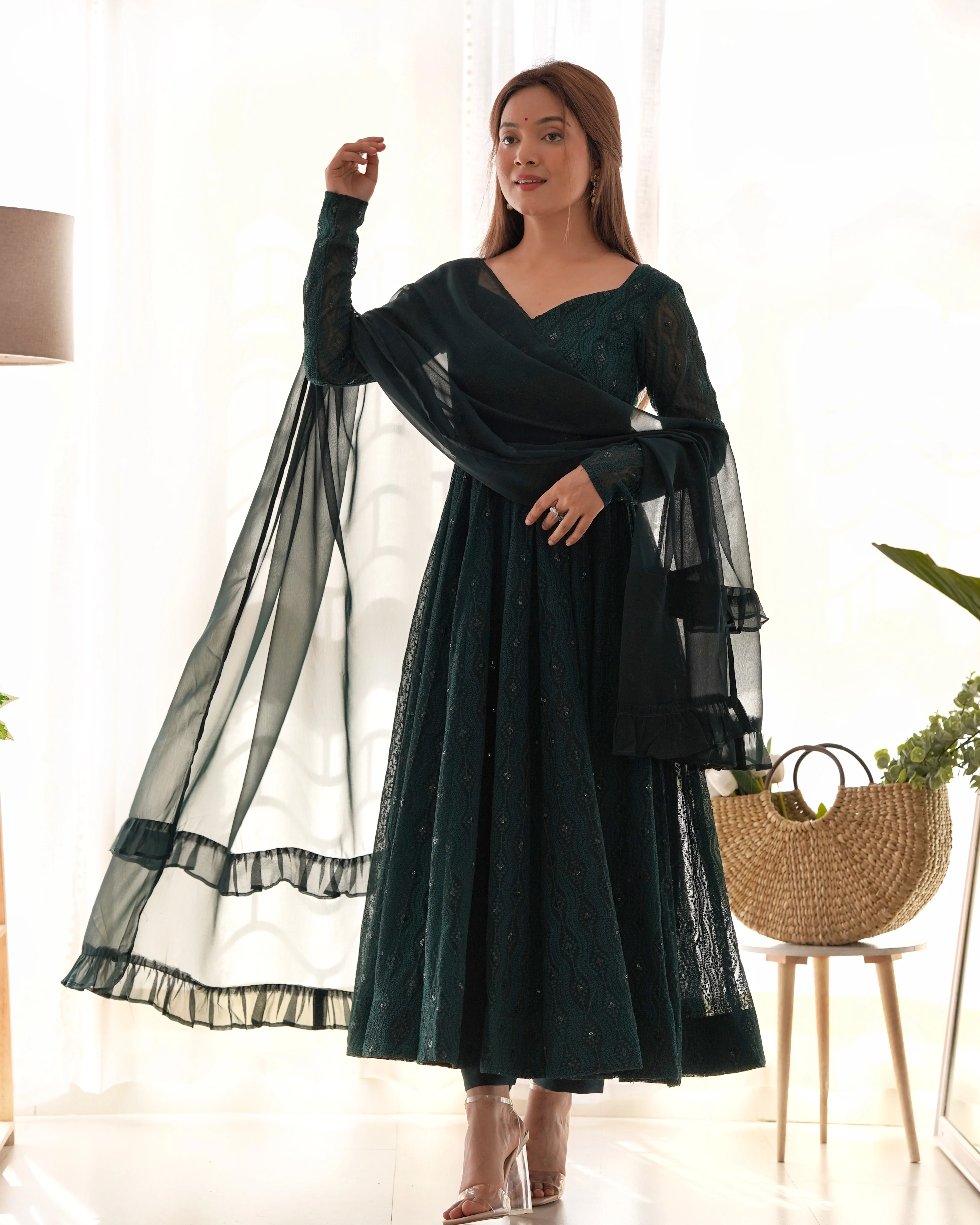 Lucknowi Elegance Green Anarkali Suit - Image 6