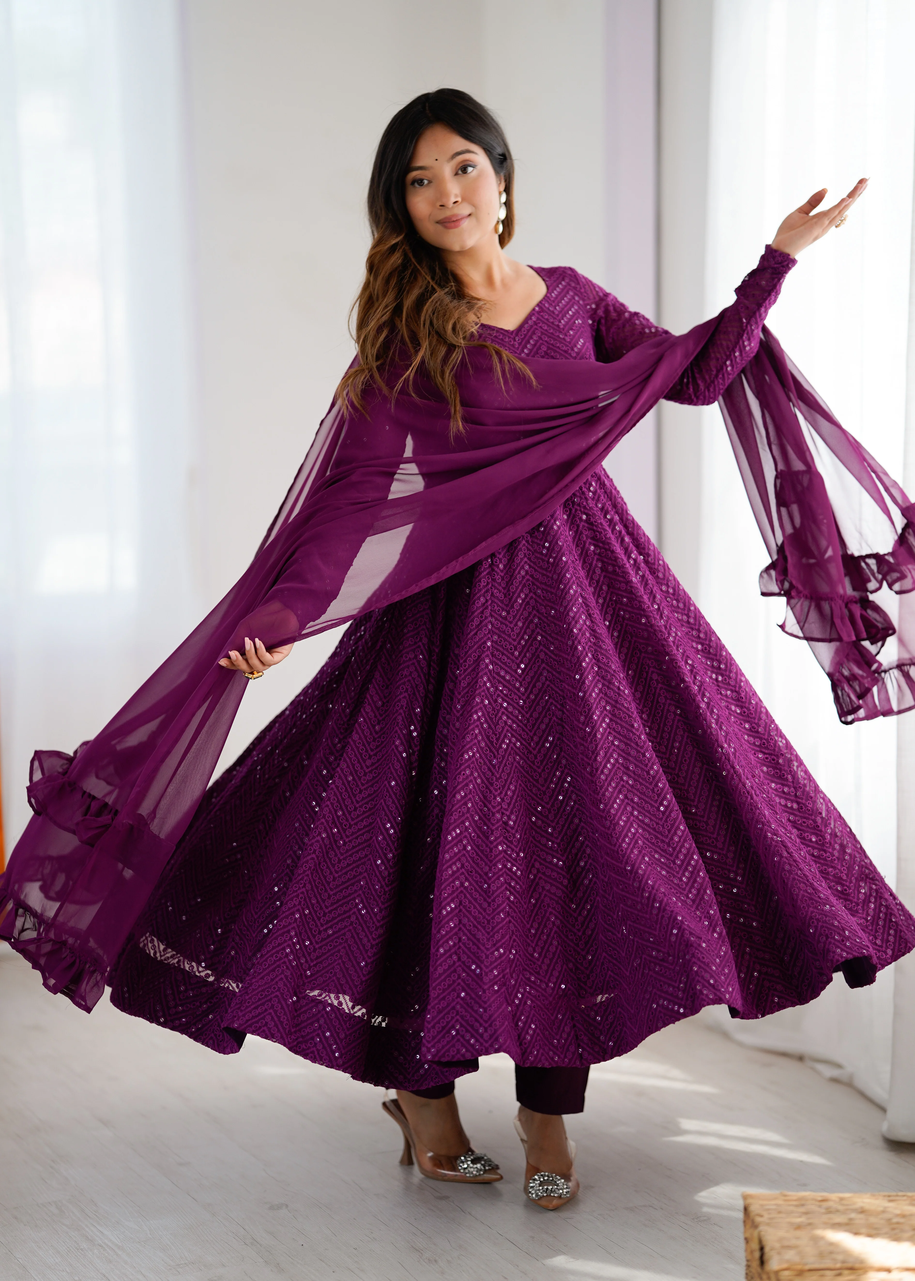 Lucknowi Elegance Wine Anarkali Suit - Image 3