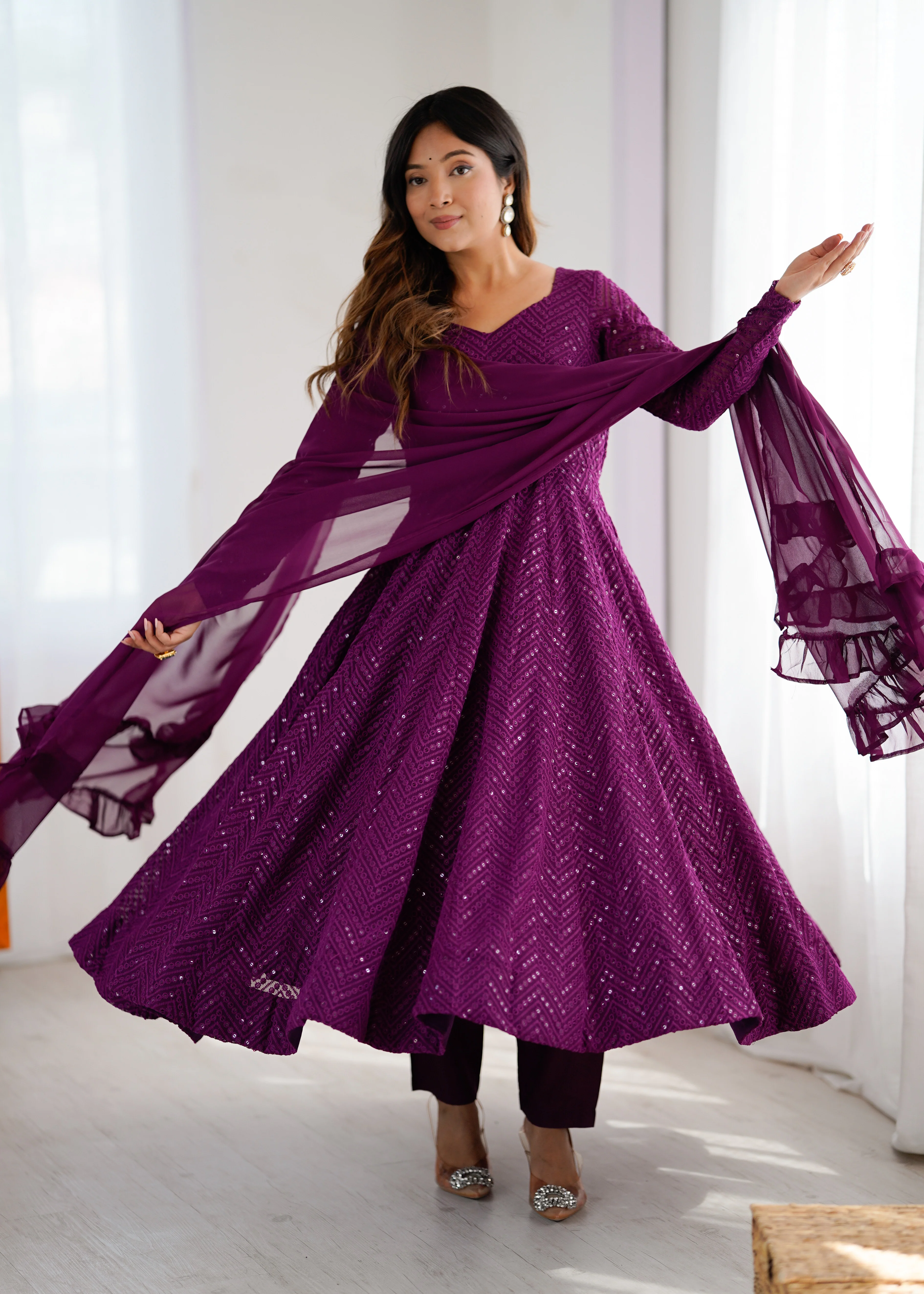 Lucknowi Elegance Wine Anarkali Suit - Image 4