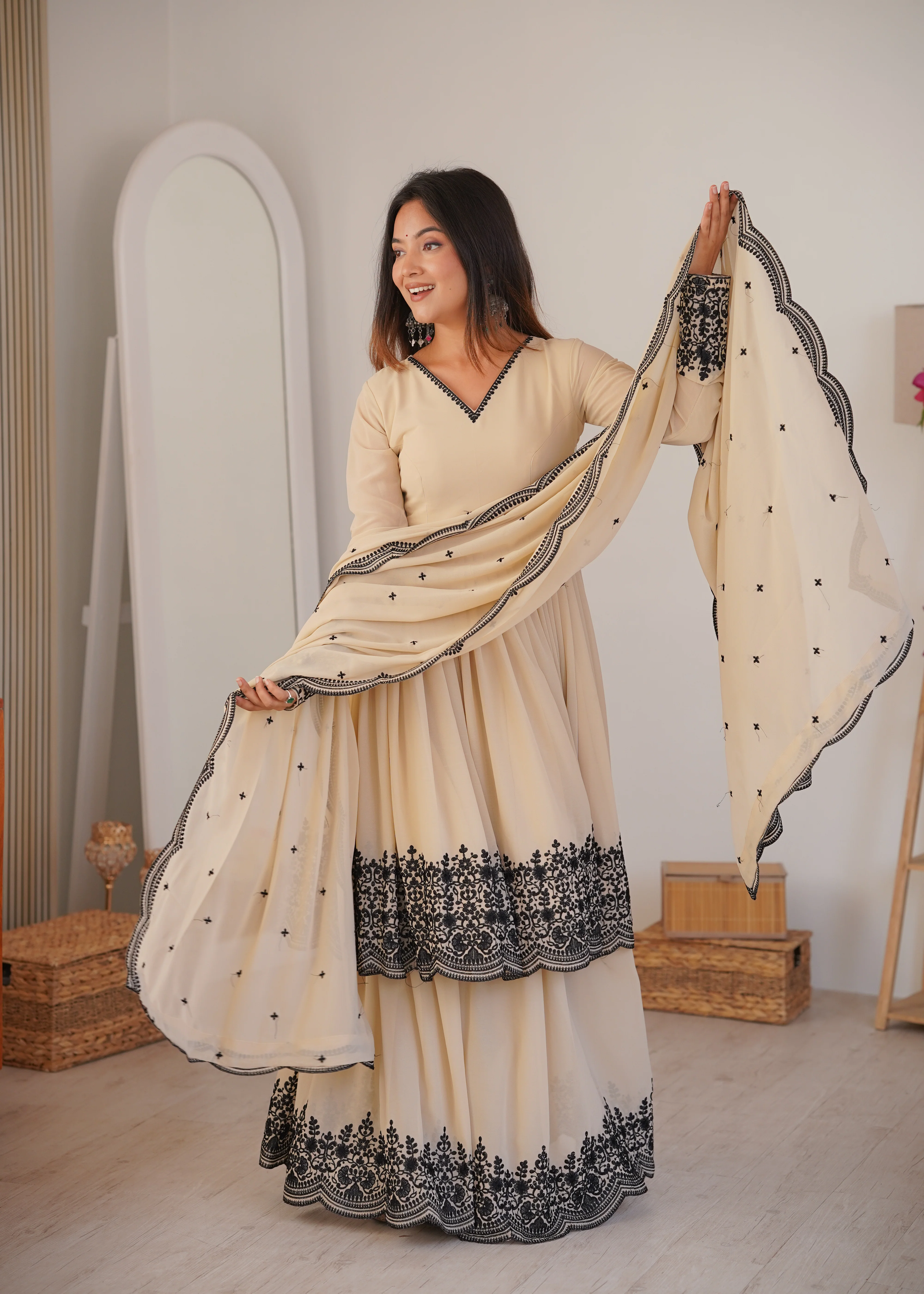 Luxury Beige Faux Georgette Thread Embroidered Suit Set With Dupatta