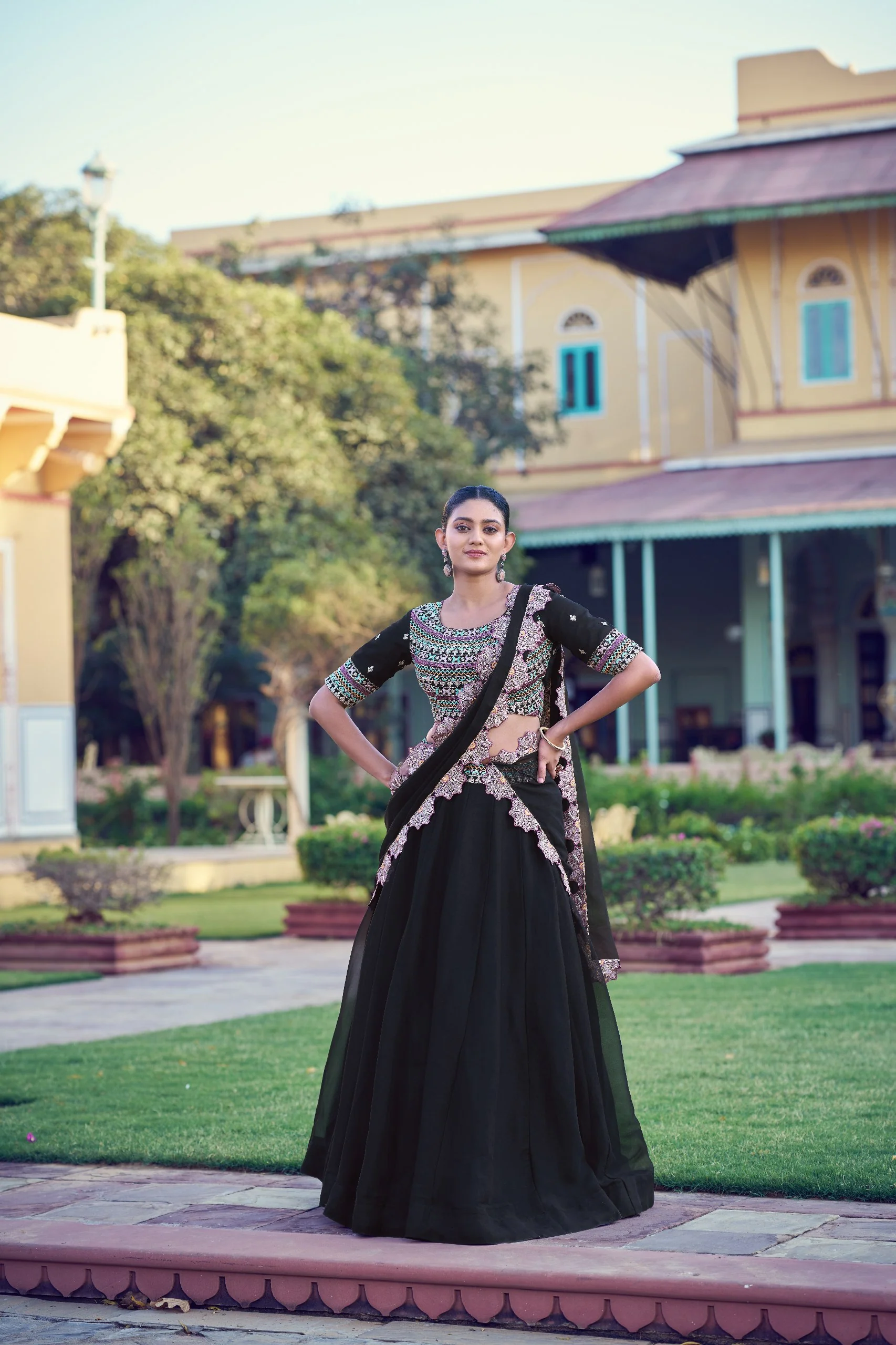 Luxury Black Aurum Georgette Heavy Flair Lehenga Collection for Women