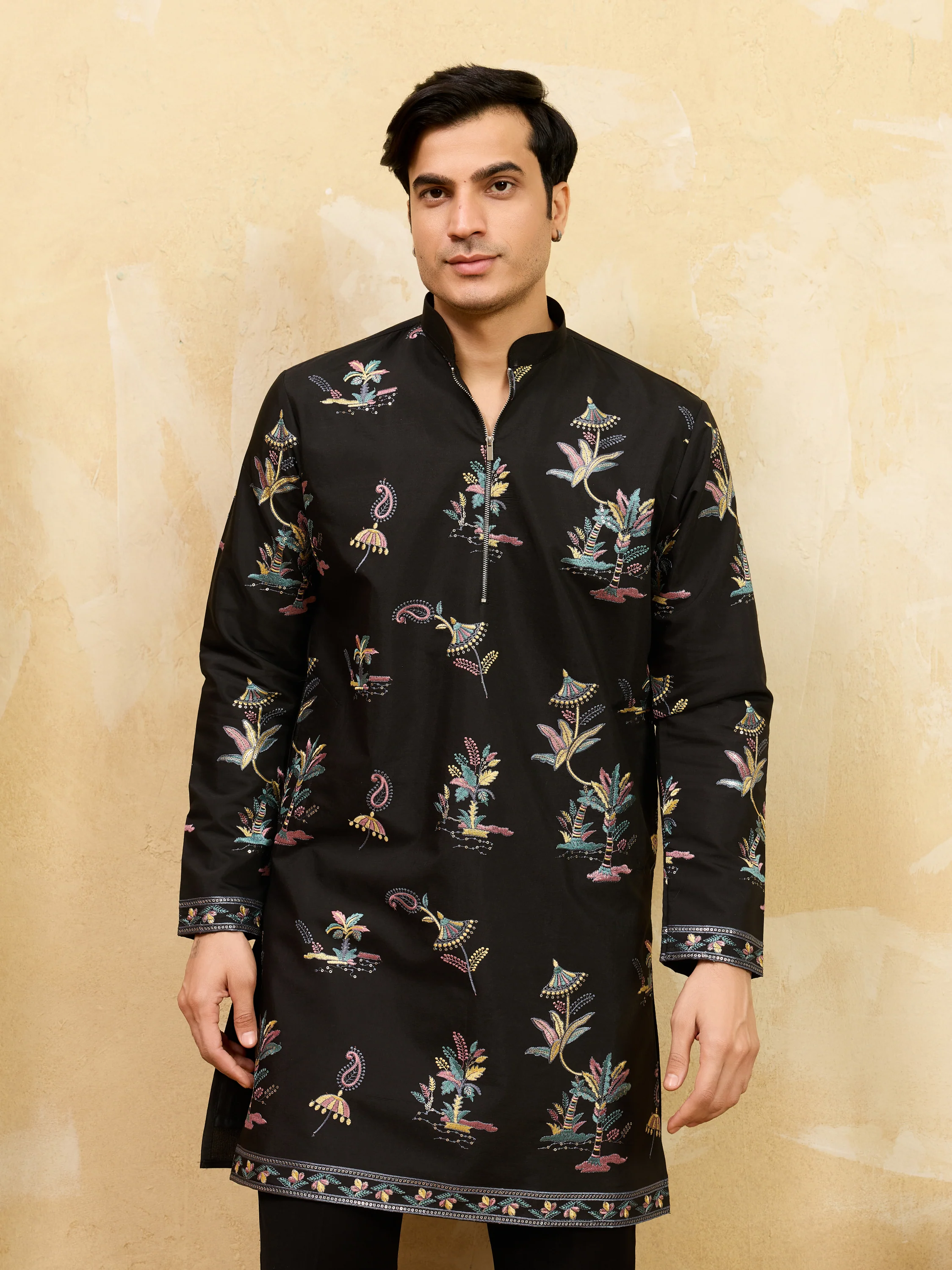 Luxury Black Viscose Silk Thread Work Kurta Set For Festive Wear - Image 2