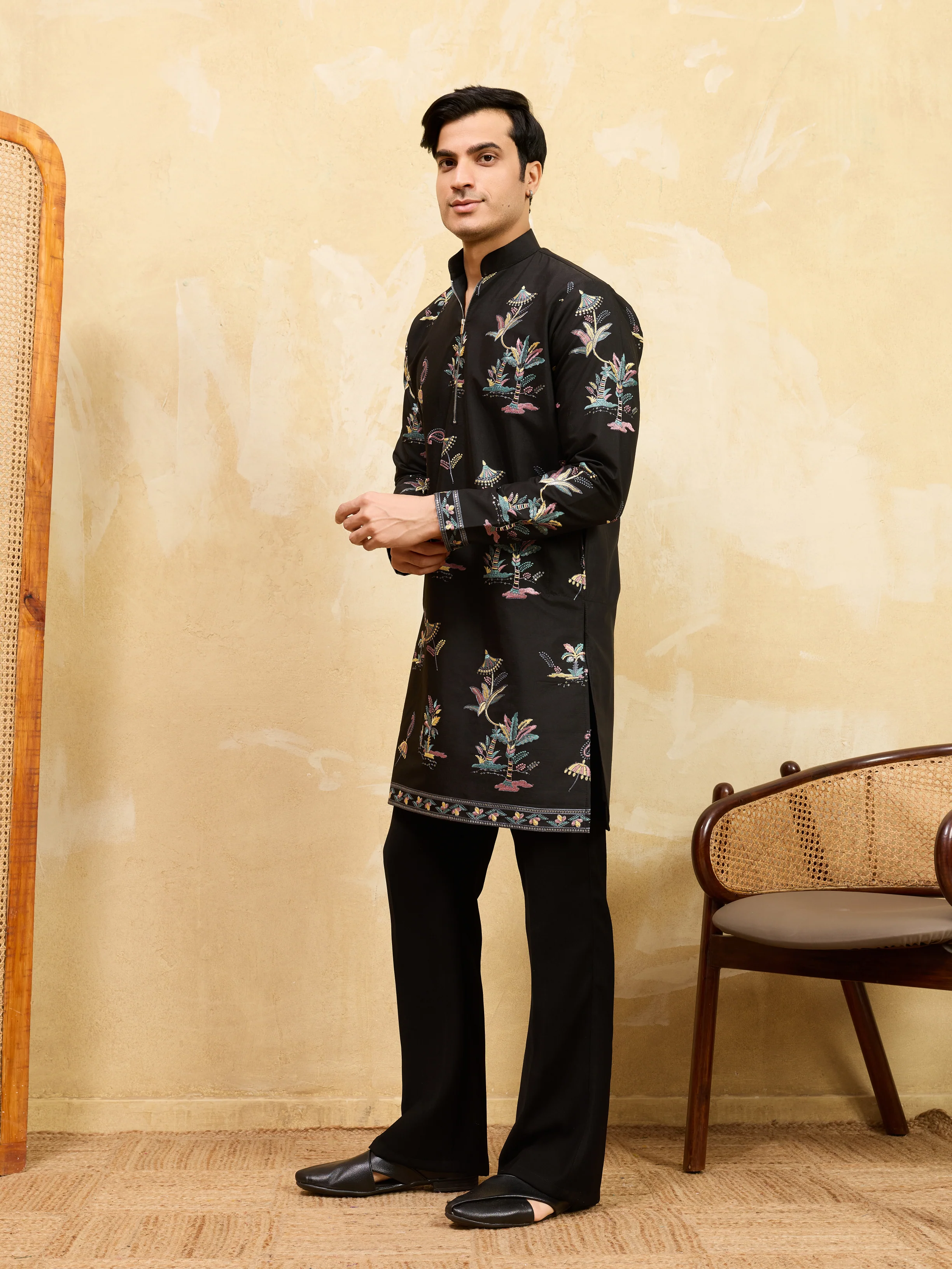 Luxury Black Viscose Silk Thread Work Kurta Set For Festive Wear - Image 5