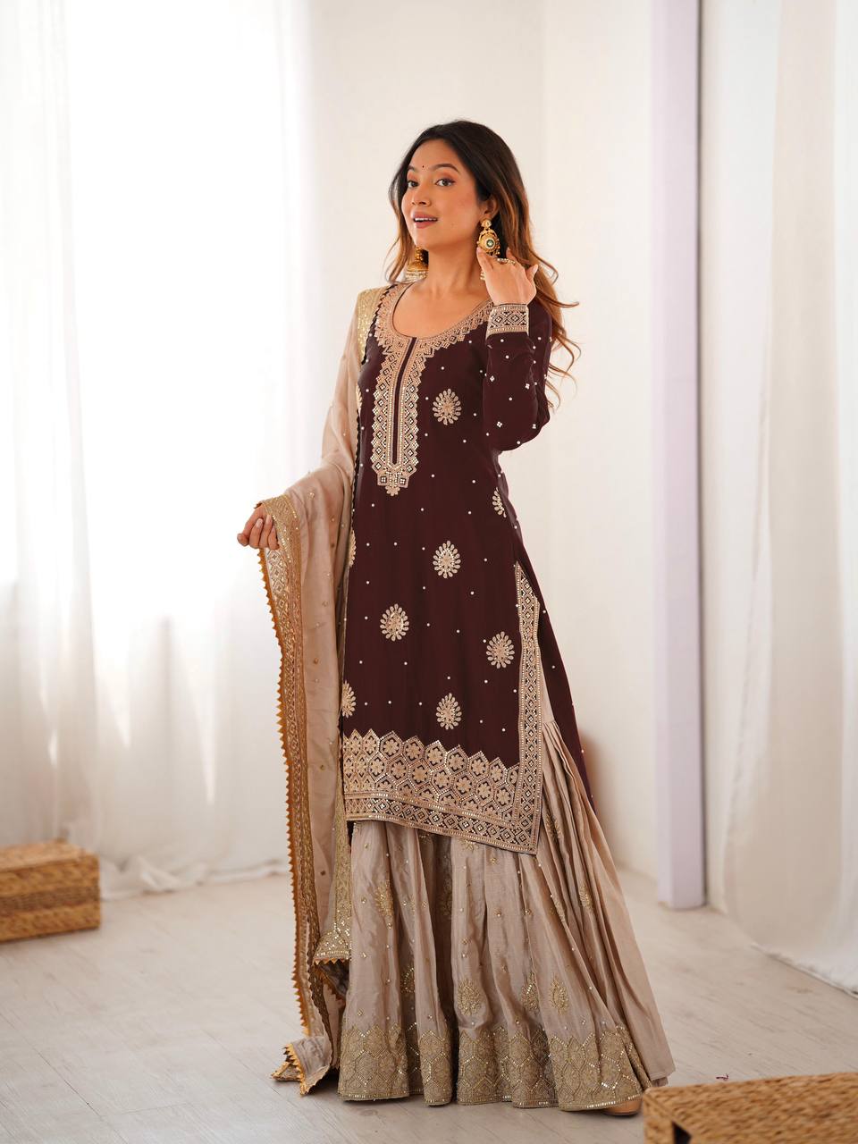 Luxury Brown Chinon Silk Designer Sharara Set with Pearl Work Dupatta - Image 2