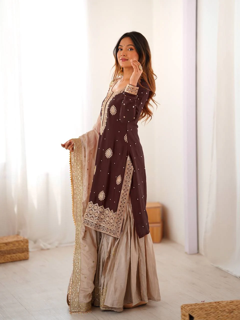 Luxury Brown Chinon Silk Designer Sharara Set with Pearl Work Dupatta - Image 3