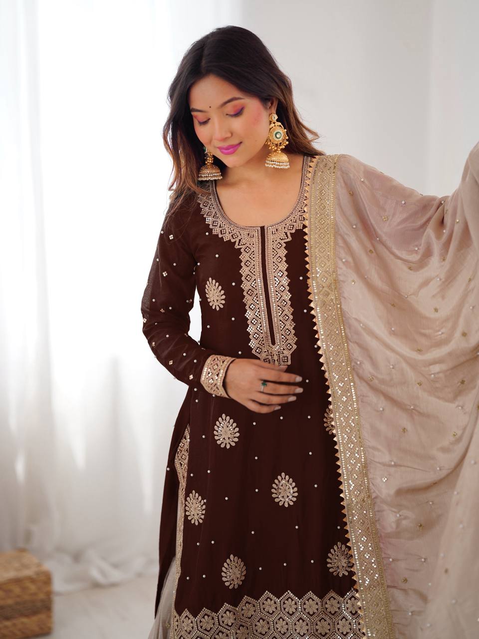 Luxury Brown Chinon Silk Designer Sharara Set with Pearl Work Dupatta - Image 4