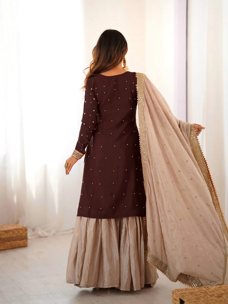 Luxury Brown Chinon Silk Designer Sharara Set with Pearl Work Dupatta - Image 5