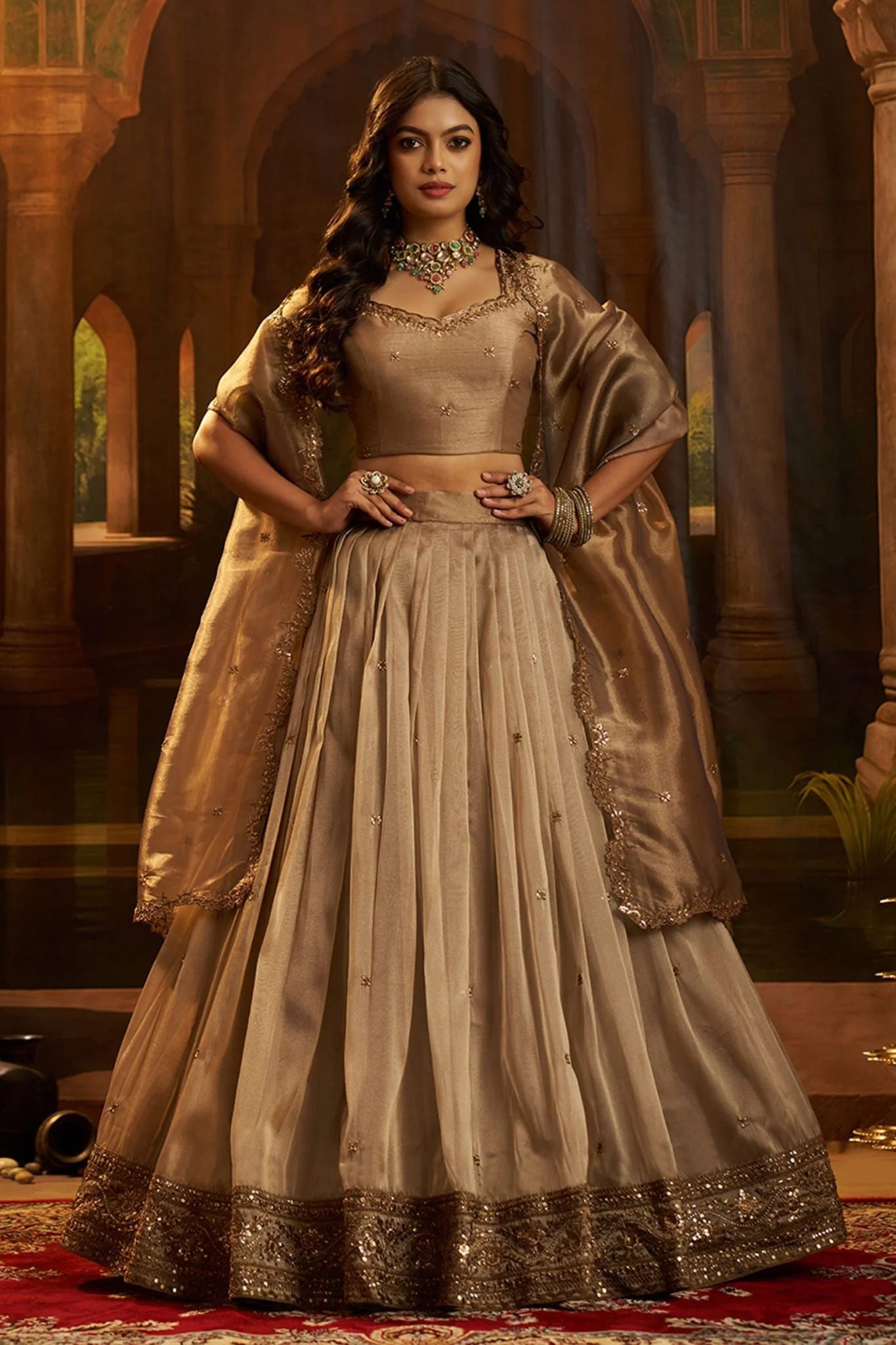 Luxury Brown Hiranya Silk Lehenga Set Featuring Art Silk Blouse And Detailed Embroidered Dupatta - Image 3