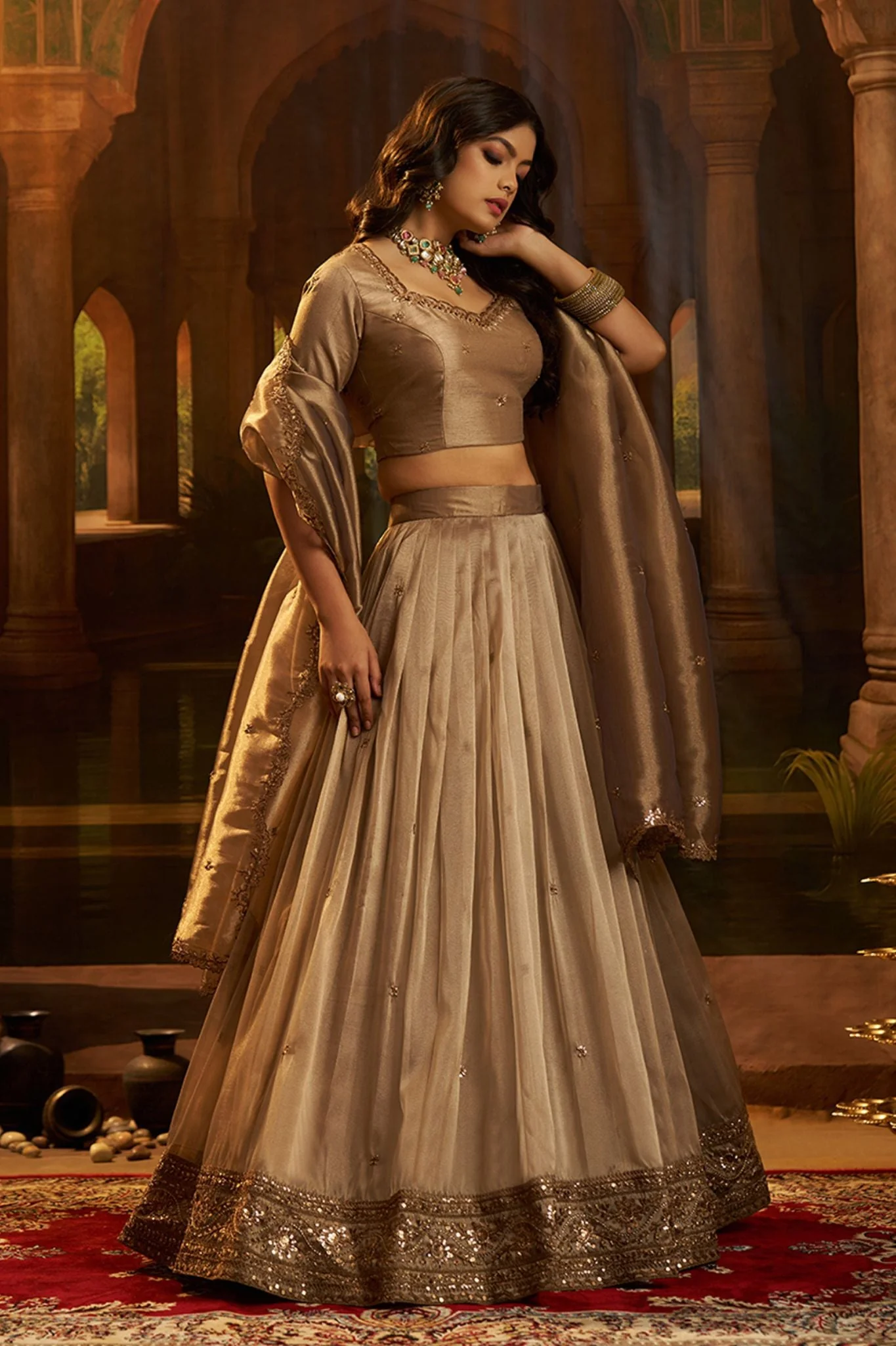 Luxury Brown Hiranya Silk Lehenga Set Featuring Art Silk Blouse And Detailed Embroidered Dupatta - Image 4