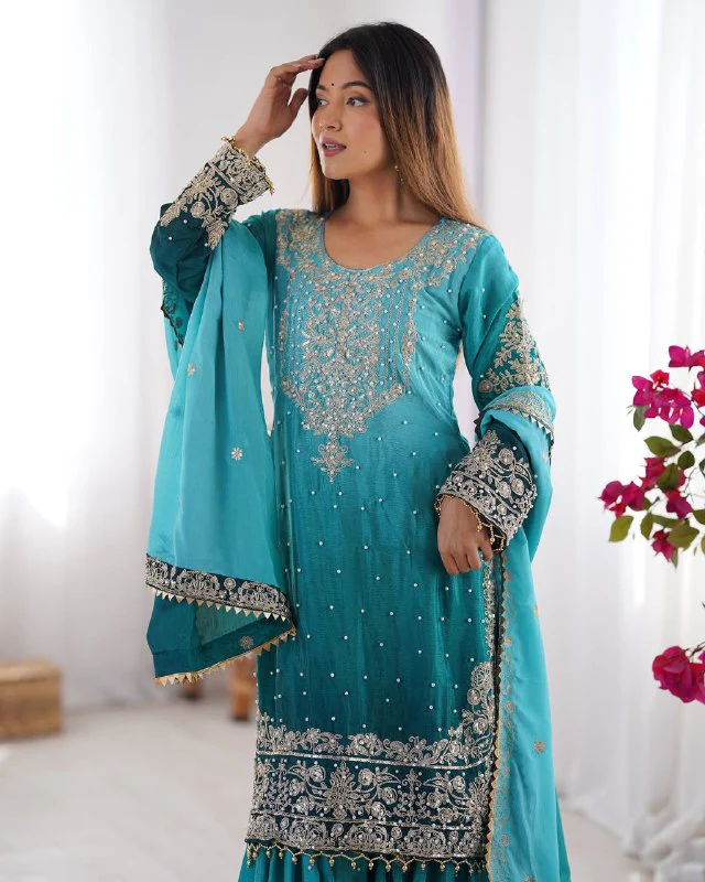 Luxury Chinnon Silk Suit Set with Dori & Moti Embroidery