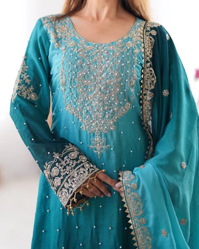 Luxury Chinnon Silk Suit Set with Dori & Moti Embroidery - Image 2