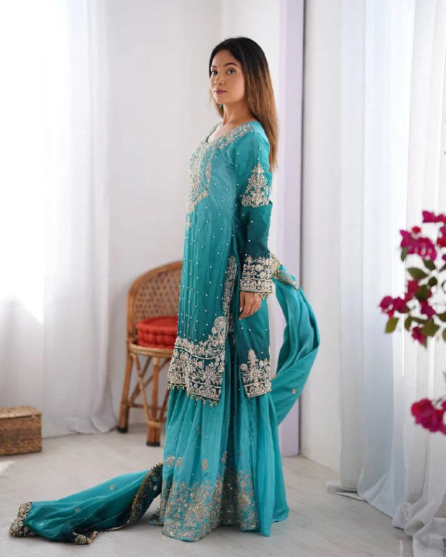 Luxury Chinnon Silk Suit Set with Dori & Moti Embroidery - Image 3