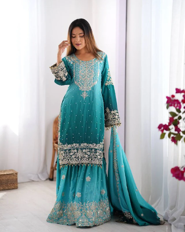 Luxury Chinnon Silk Suit Set with Dori & Moti Embroidery - Image 4