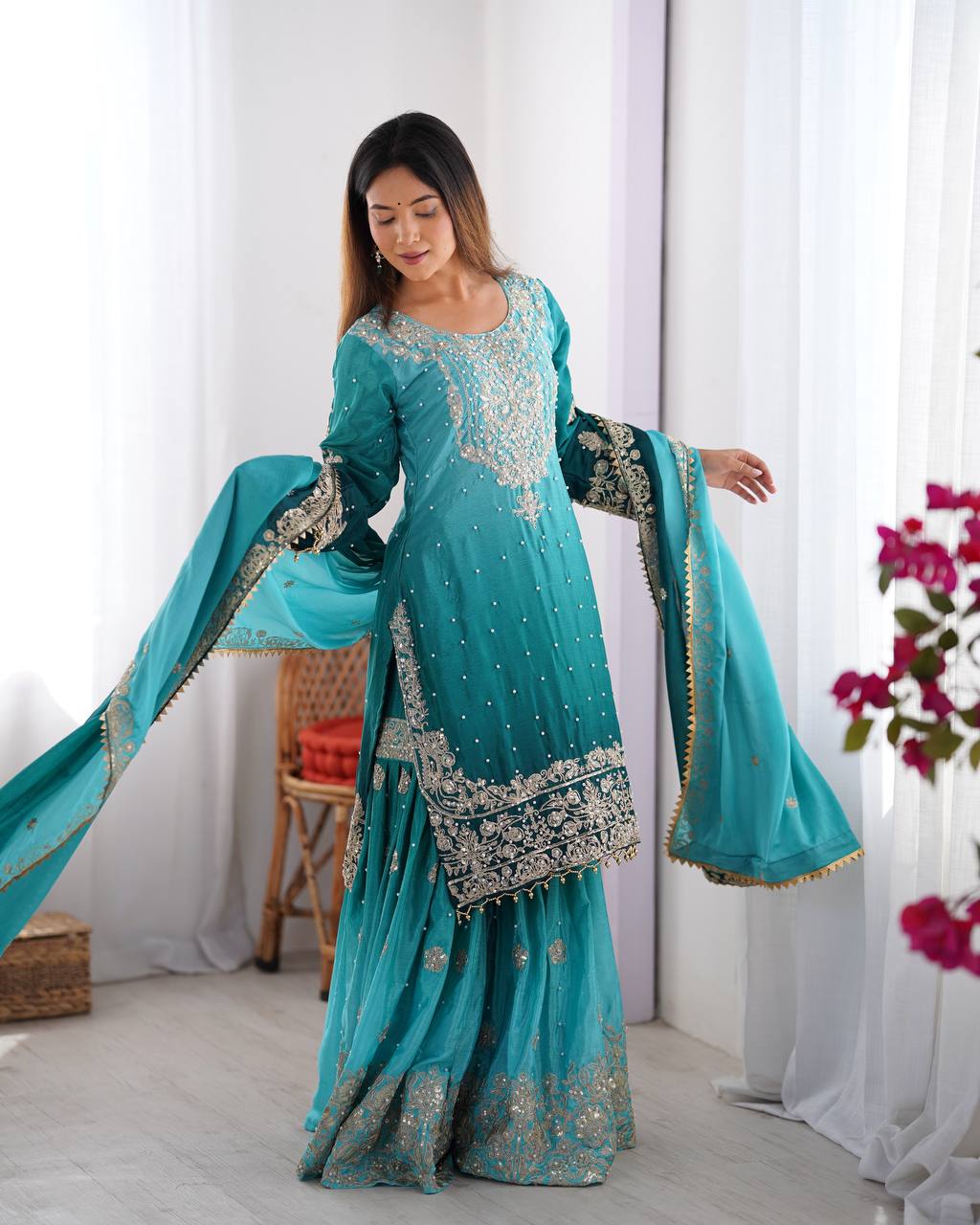 Luxury Chinnon Silk Suit Set with Dori & Moti Embroidery - Image 5