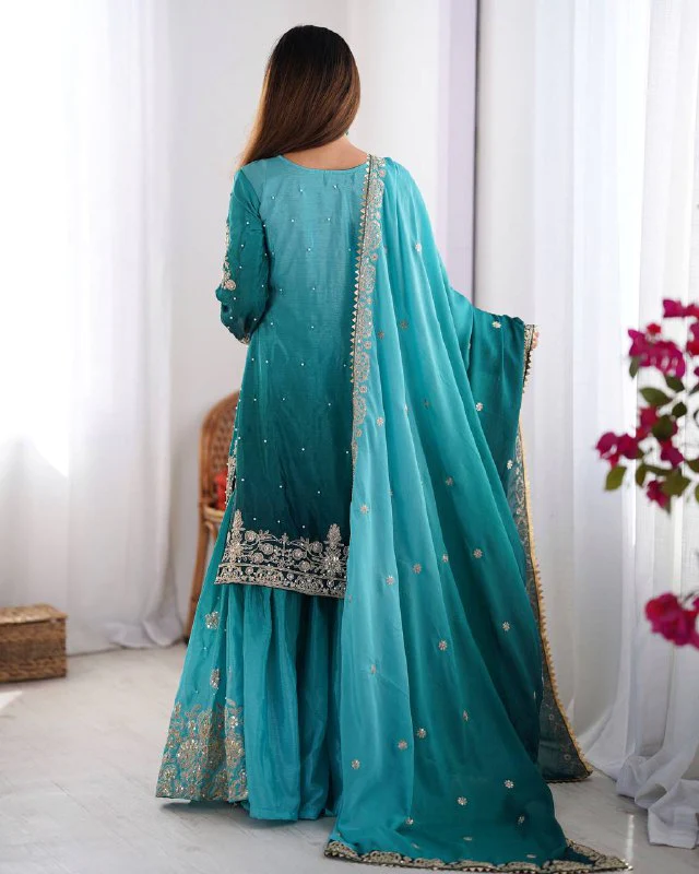 Luxury Chinnon Silk Suit Set with Dori & Moti Embroidery - Image 6