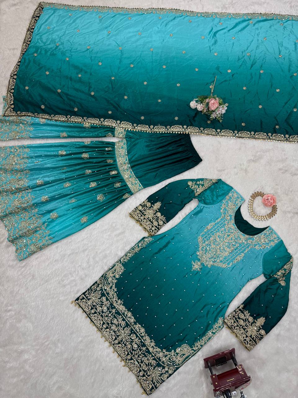 Luxury Chinnon Silk Suit Set with Dori & Moti Embroidery - Image 7