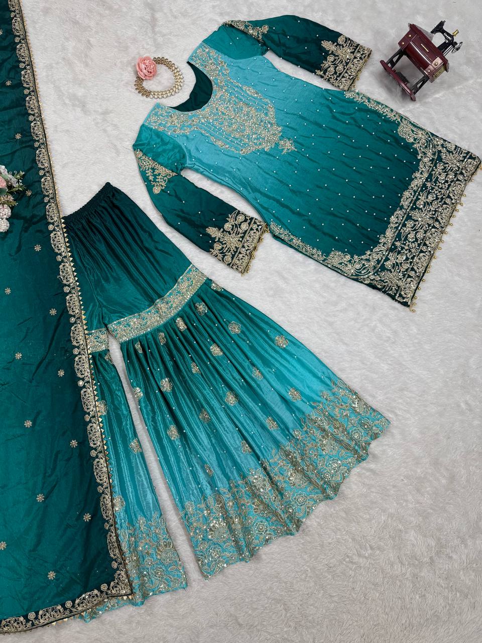 Luxury Chinnon Silk Suit Set with Dori & Moti Embroidery - Image 8