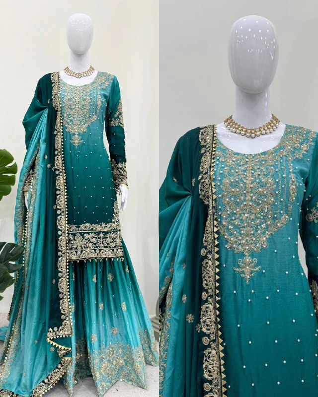 Luxury Chinnon Silk Suit Set with Dori & Moti Embroidery - Image 9