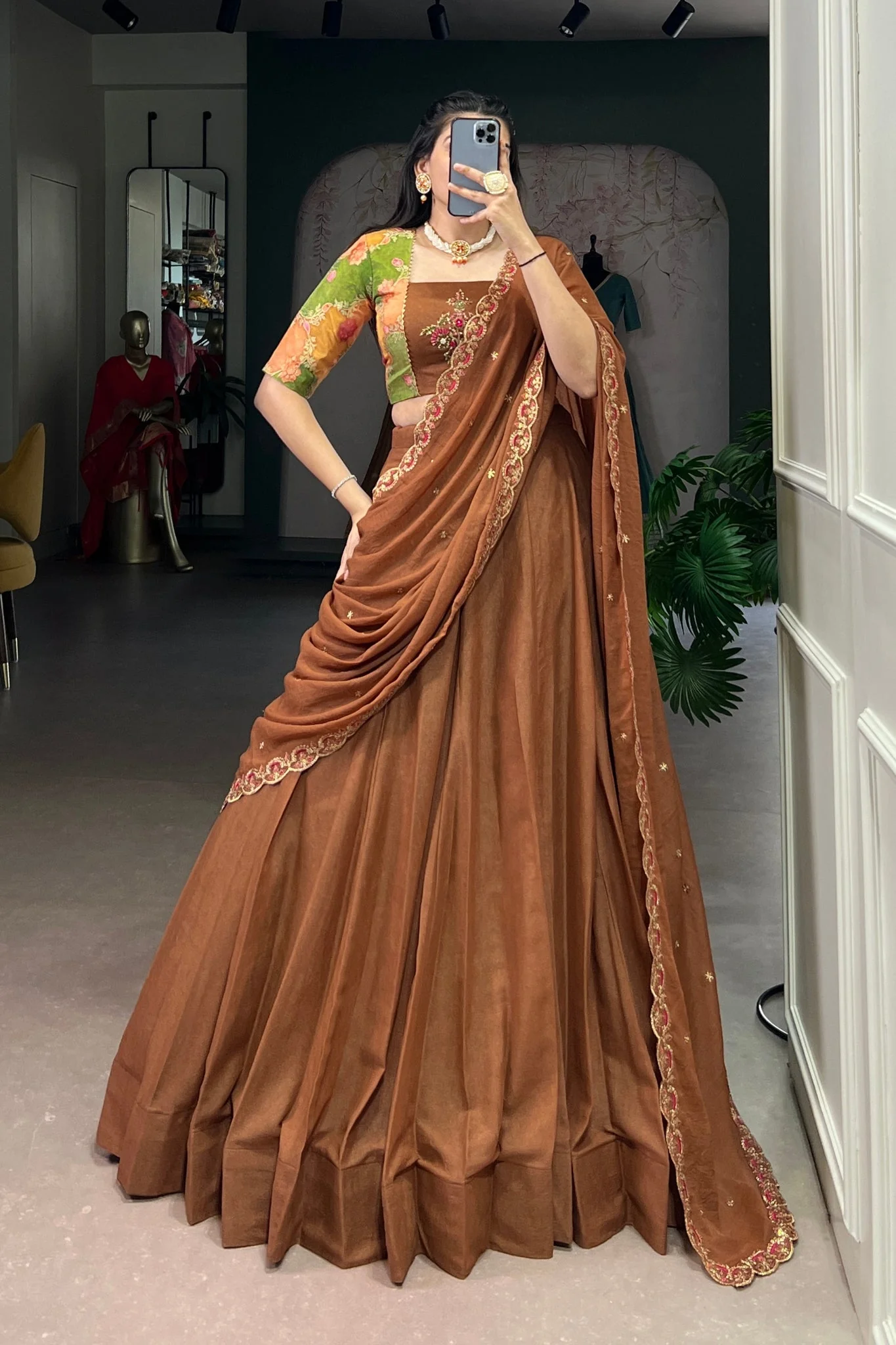 Luxury Chocolate Crush Designer Lehenga Set With Handcrafted Gotta Patti Blouse And Embroidered Dupatta - Image 2