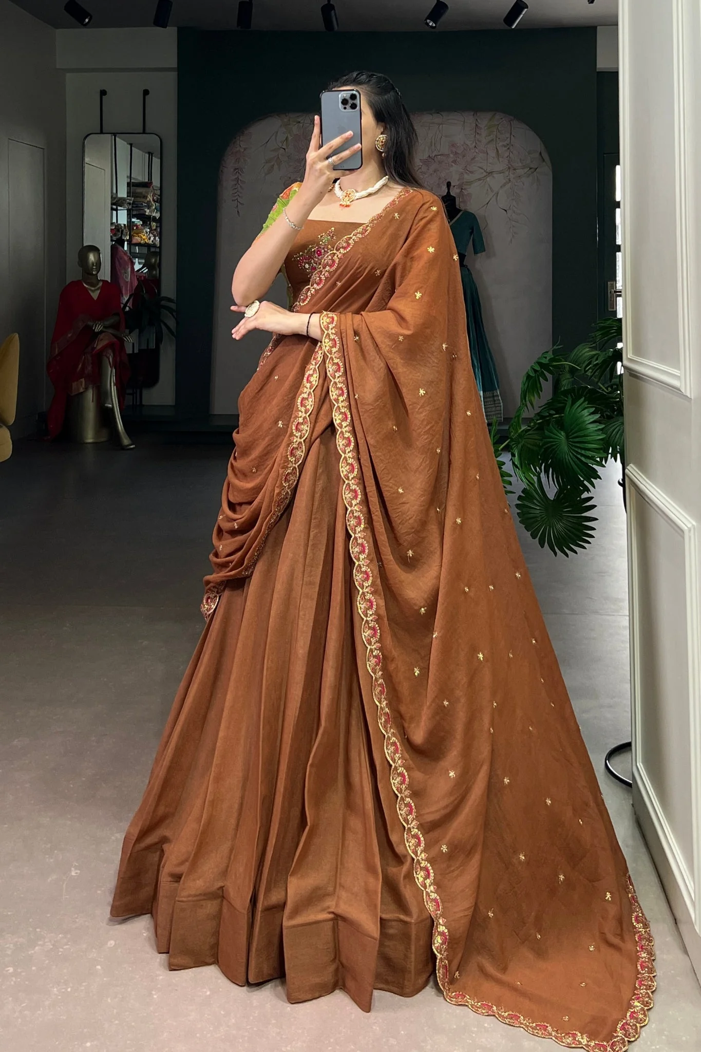 Luxury Chocolate Crush Designer Lehenga Set With Handcrafted Gotta Patti Blouse And Embroidered Dupatta - Image 3