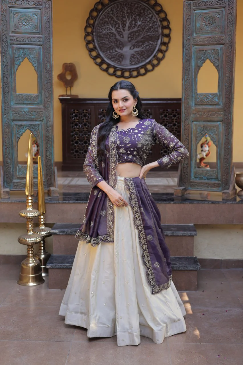 Luxury Cosmos Zari and Pipe Work Lehenga Set with Dupatta