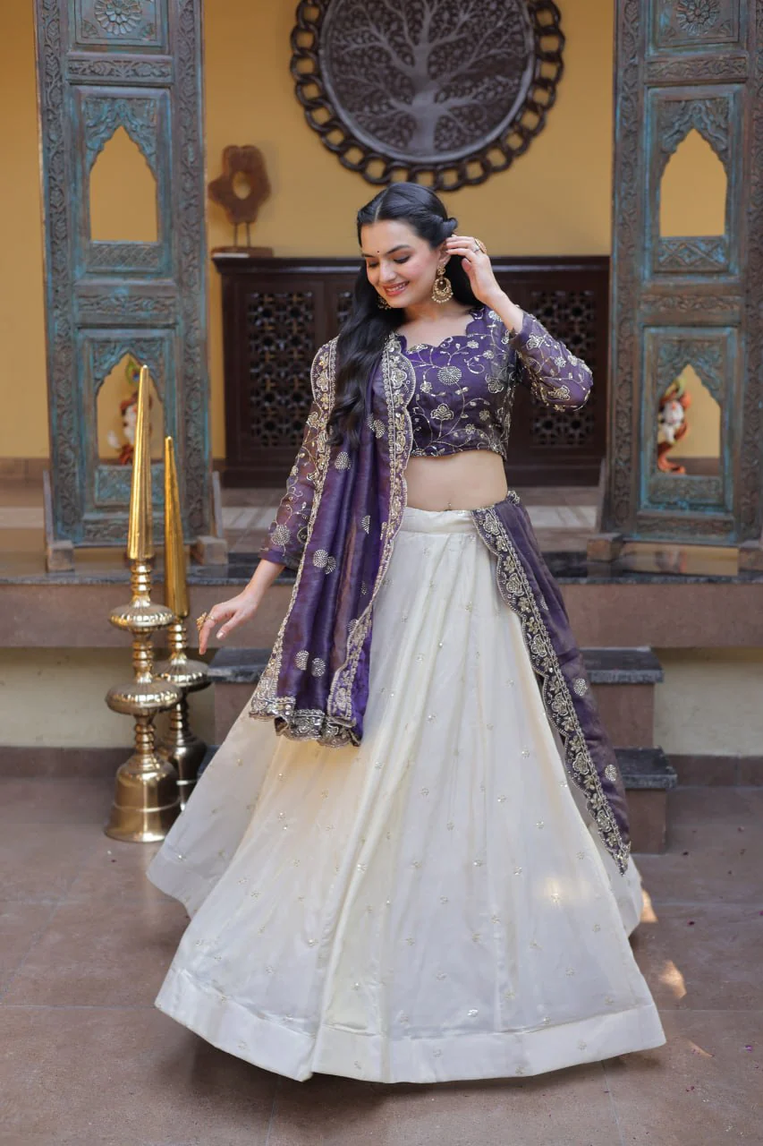 Luxury Cosmos Zari and Pipe Work Lehenga Set with Dupatta - Image 3