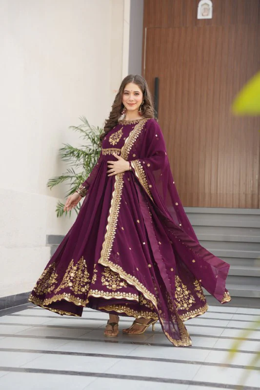 Luxury Faux Blooming Georgette with Zari Thread & Sequins Embroidery Gown Set - Image 6