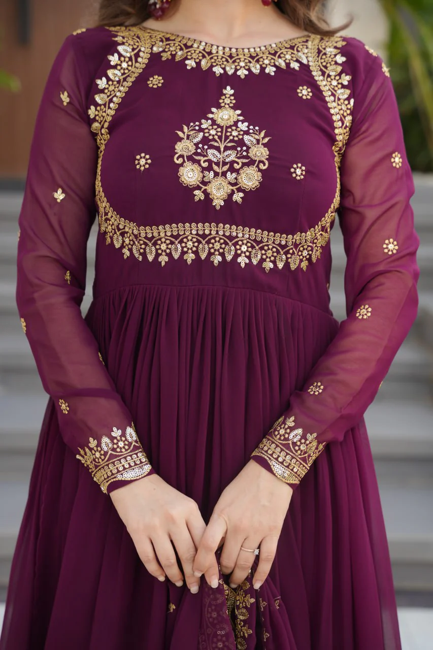 Luxury Faux Blooming Georgette with Zari Thread & Sequins Embroidery Gown Set - Image 8