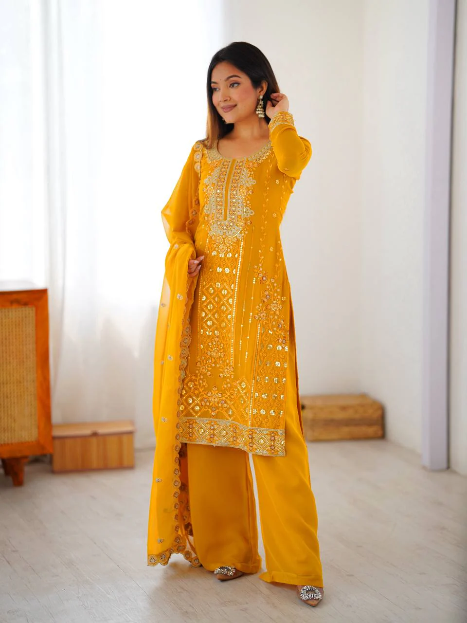 Luxury Faux Georgette Sequence Work Plazzo Suit Set for Festive Wear - Image 4