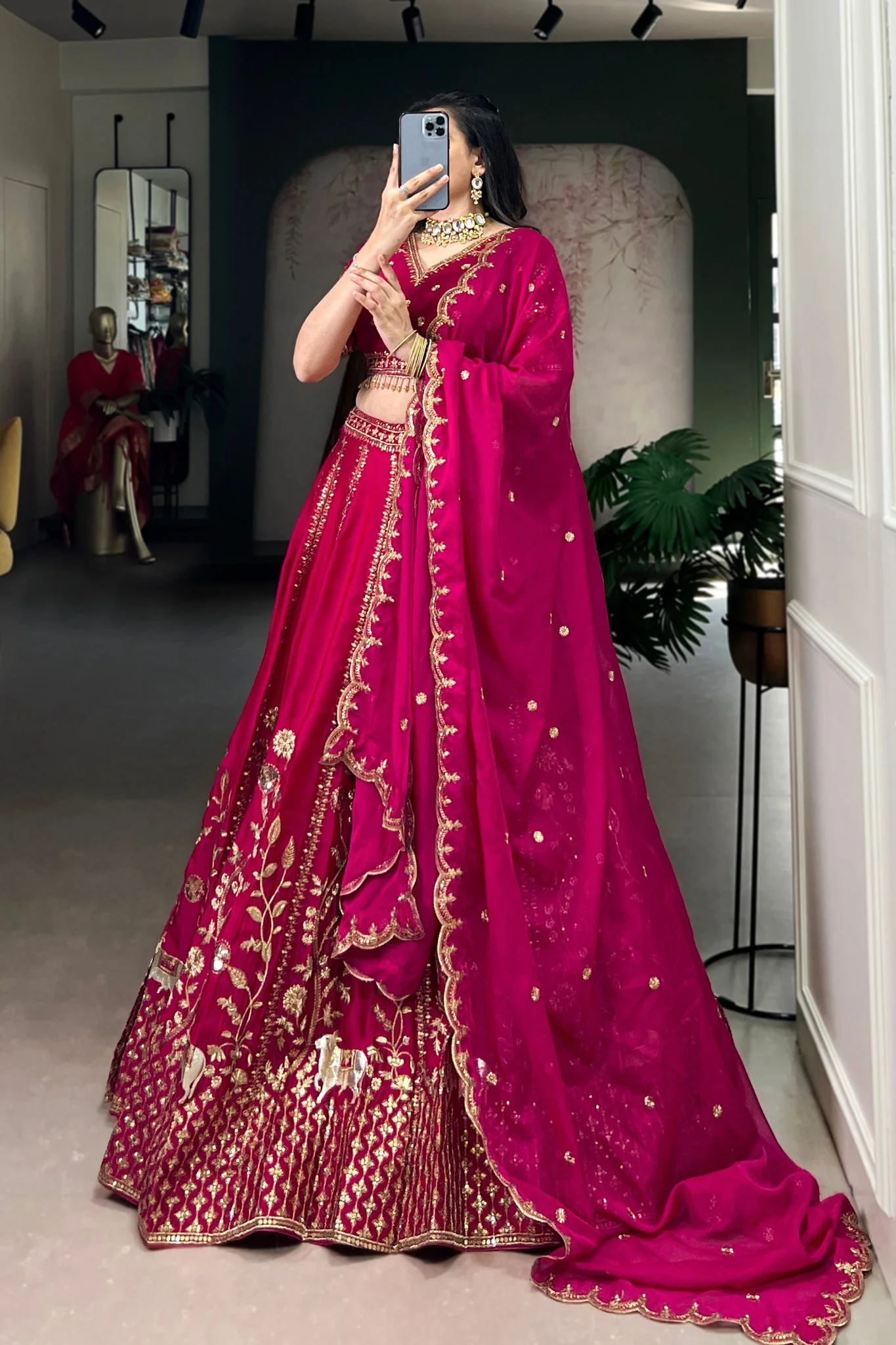 Luxury Natural Silk Pink Designer Sequins With Thread Embroidery Lehenga Set - Image 4