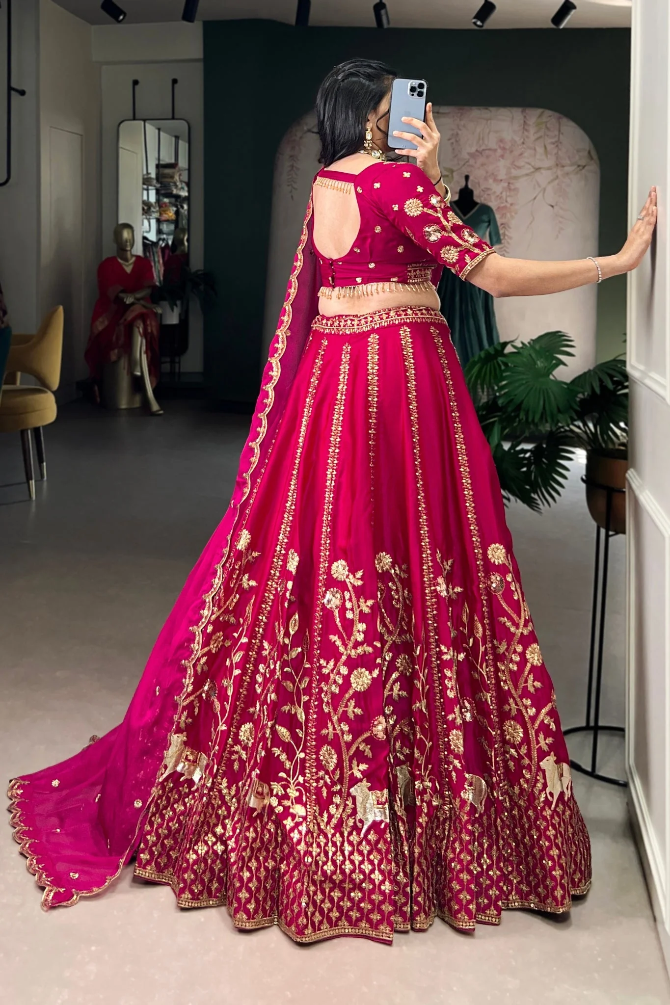 Luxury Natural Silk Pink Designer Sequins With Thread Embroidery Lehenga Set - Image 5
