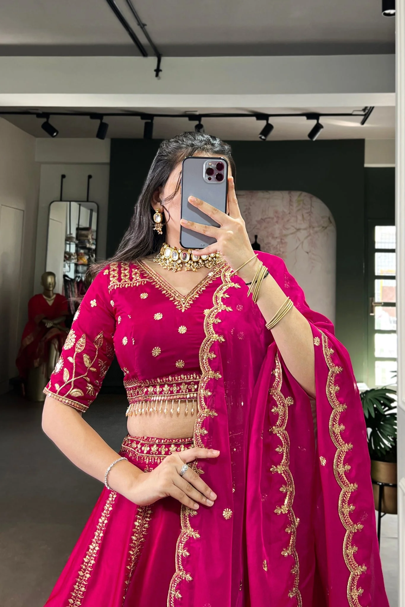 Luxury Natural Silk Pink Designer Sequins With Thread Embroidery Lehenga Set - Image 6