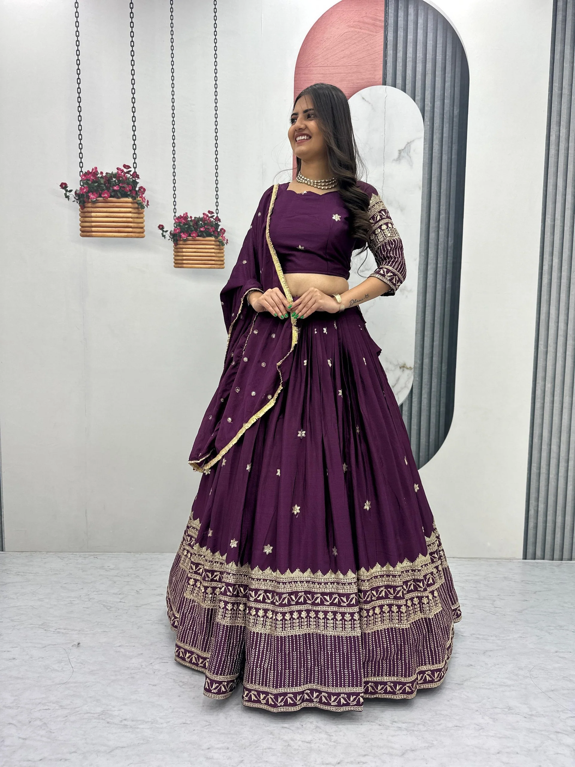 Luxury Purple Embroidered Lehenga Set For Wedding - Image 2