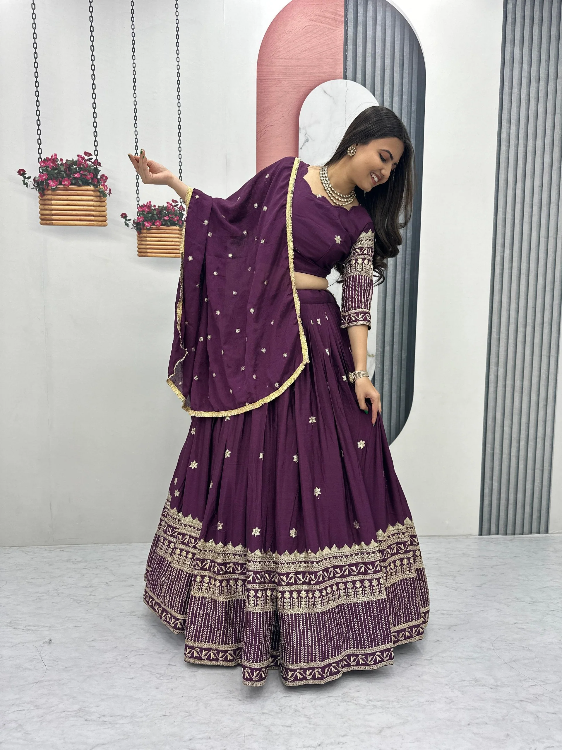 Luxury Purple Embroidered Lehenga Set For Wedding - Image 4
