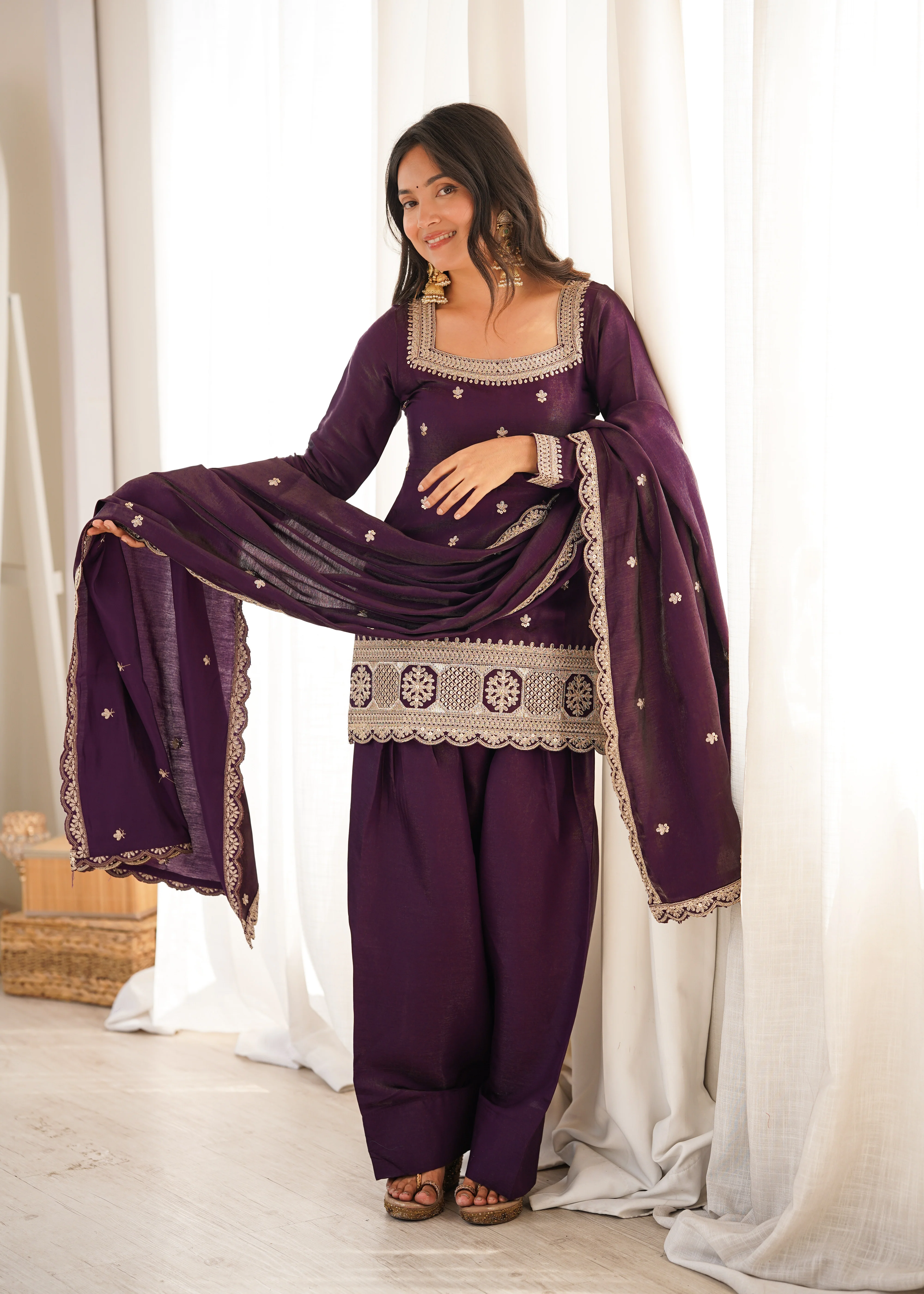 Luxury Purple Glass Roman Silk Front Yoke Embroidered Farshi Shalwar Collection